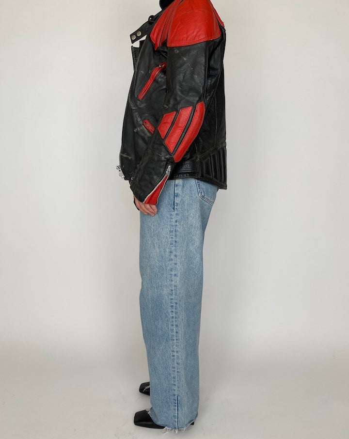 VINTAGE BLACK AND RED BIKER LEATHER JACKET 4165