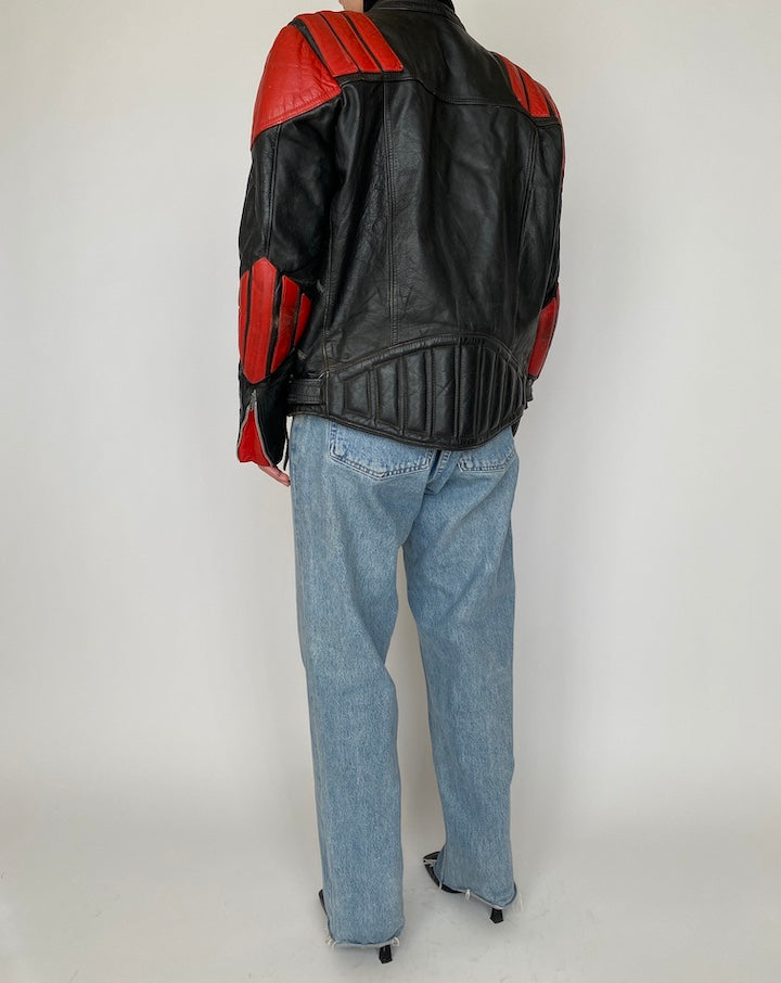 VINTAGE BLACK AND RED BIKER LEATHER JACKET 4165