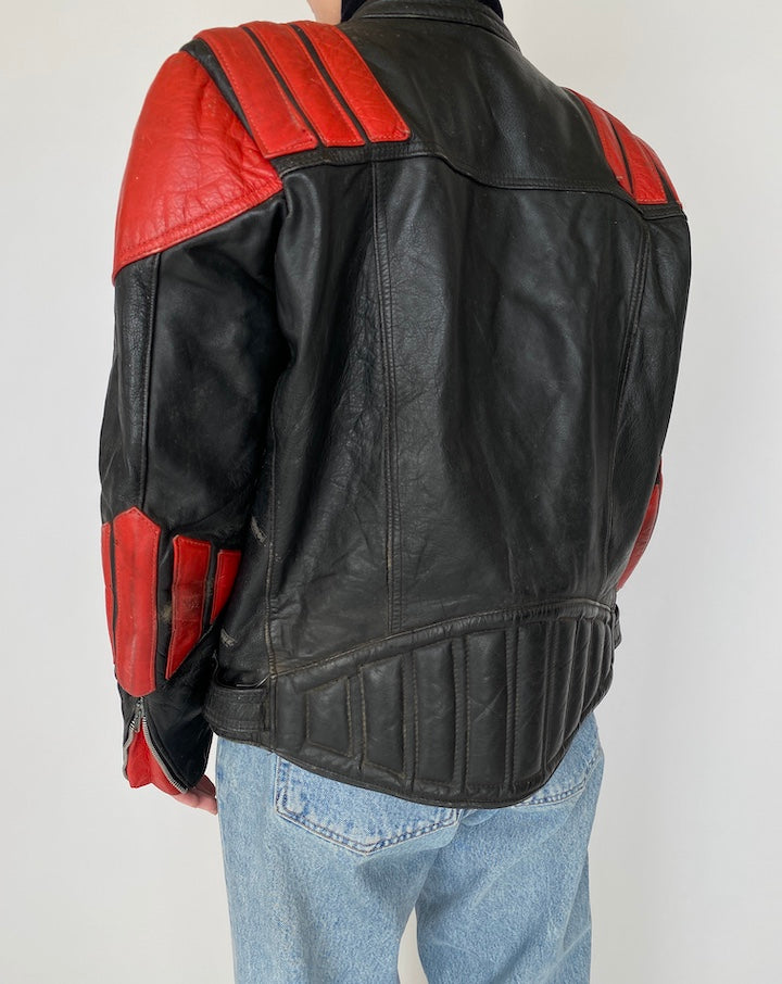 VINTAGE BLACK AND RED BIKER LEATHER JACKET 4165