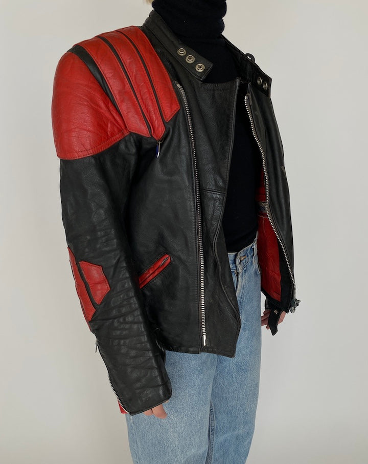 VINTAGE BLACK AND RED BIKER LEATHER JACKET 4165