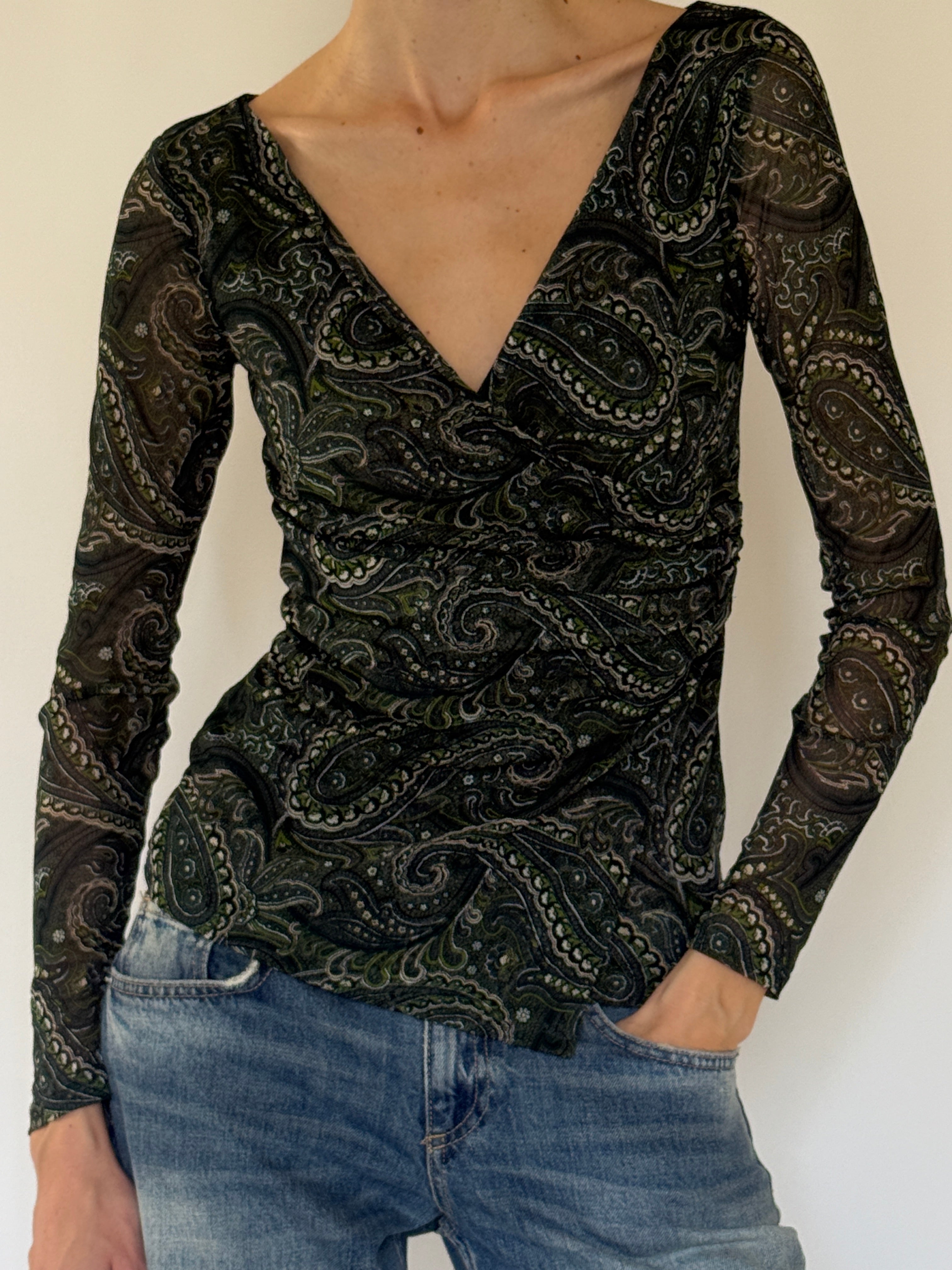 Vintage green paisley mesh wrap top front view