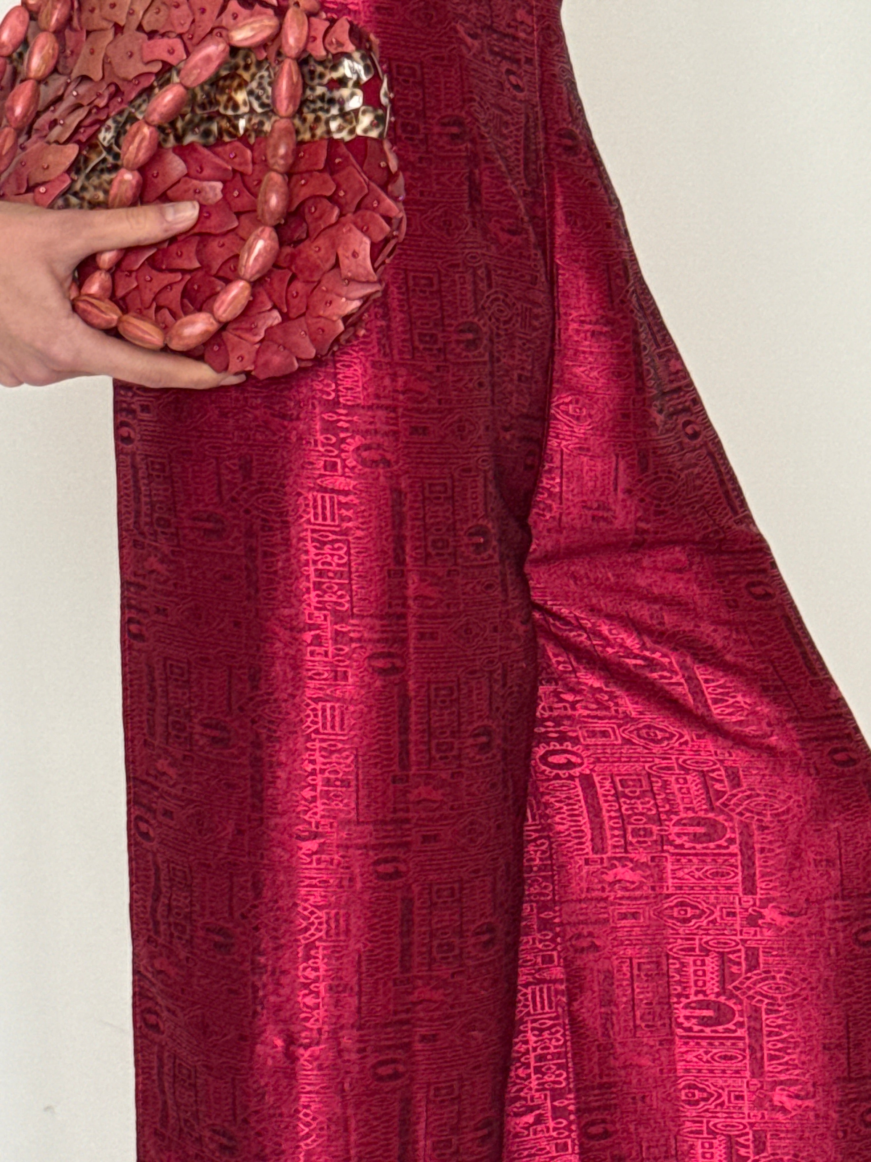 Vintage metallic dusty rose fabric close-up jacquard texture