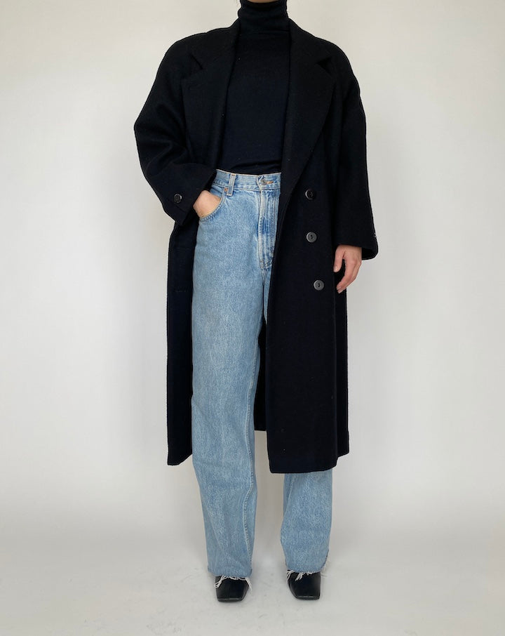VINTAGE LONG BLACK WOOL COAT 4166