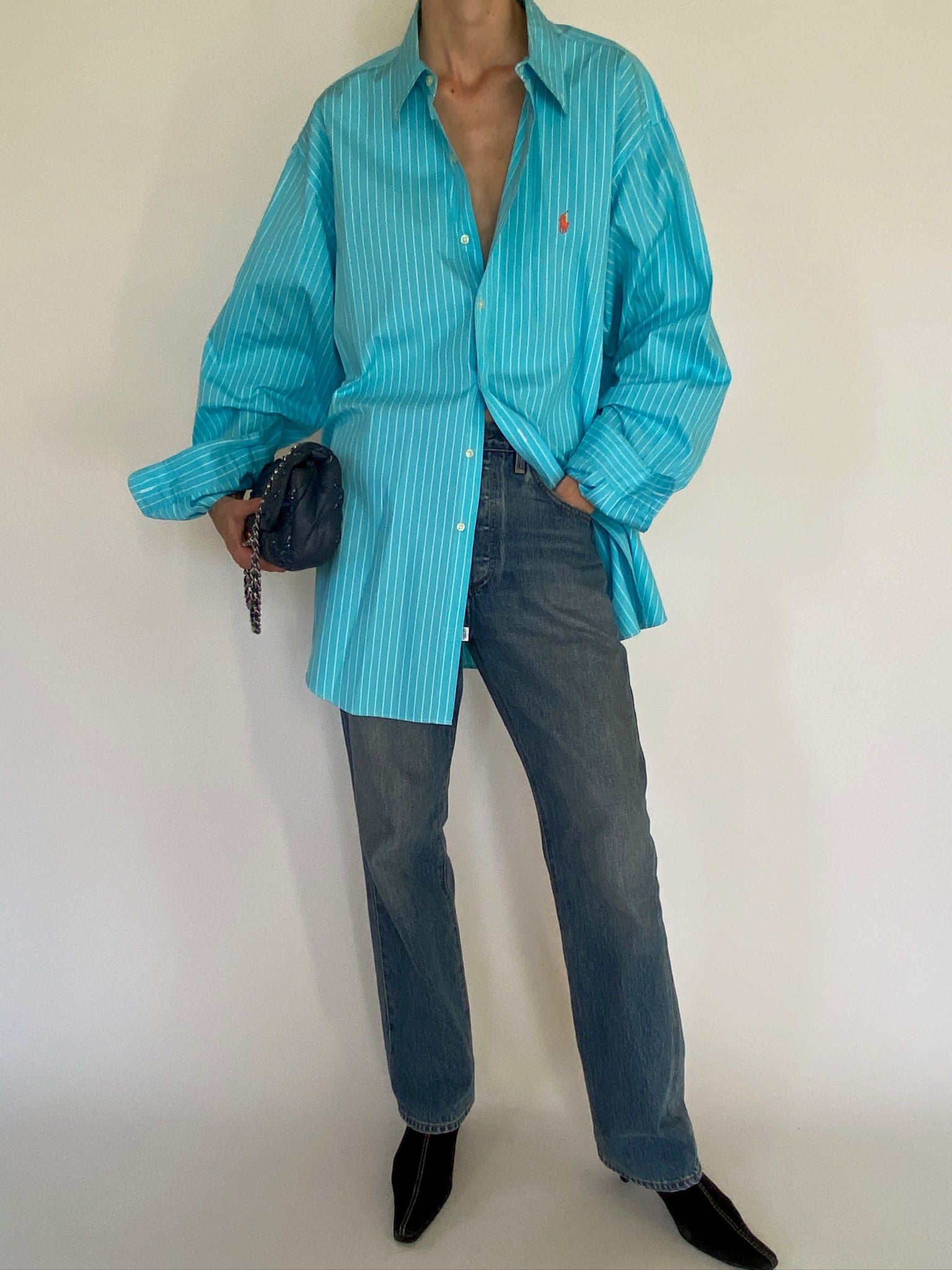 Vintage Ralph Lauren turquoise striped oversized shirt stripe pattern detail