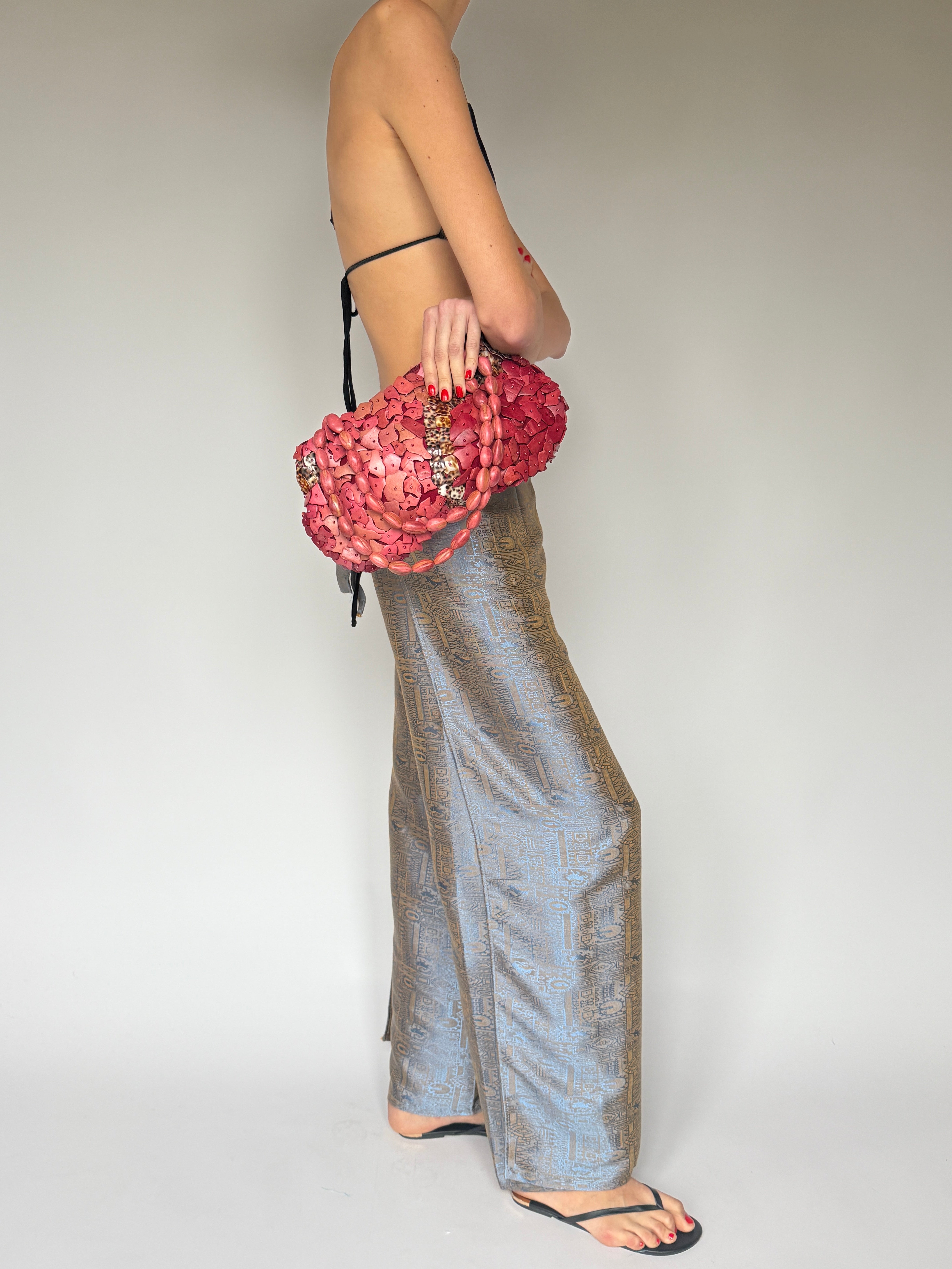 Vintage lightweight straight-leg pants with light blue and tan jacquard pattern