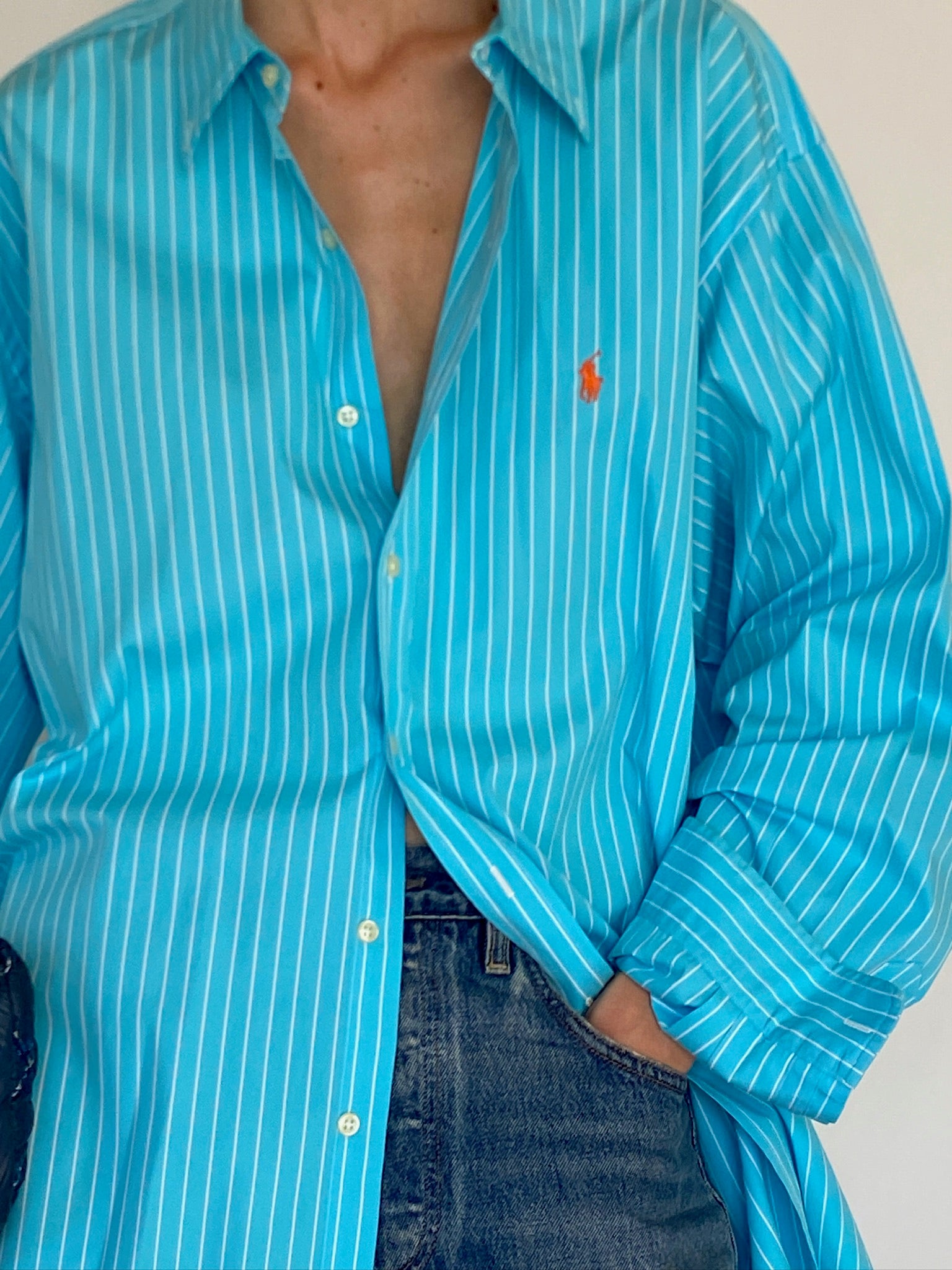 Vintage Ralph Lauren turquoise striped oversized shirt chest logo detail