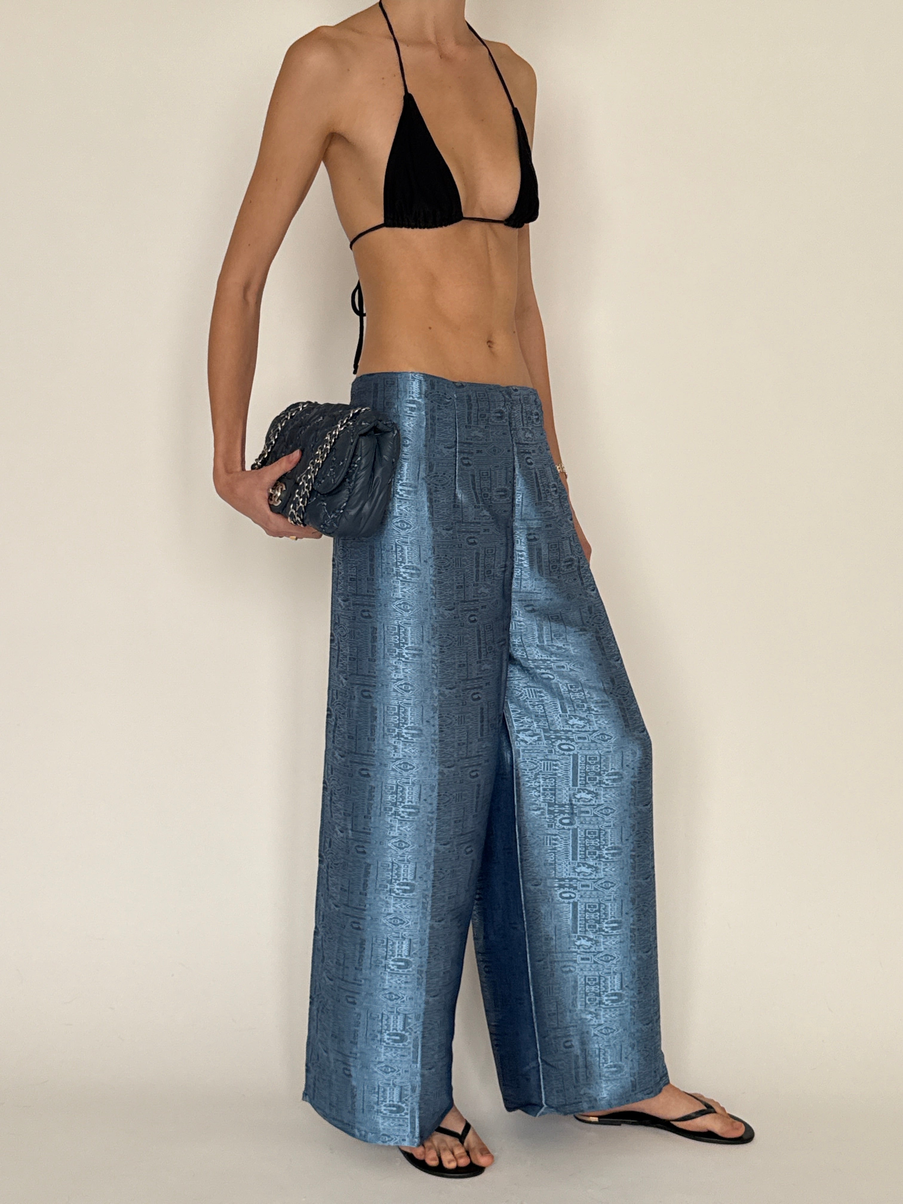 Vintage metallic blue jacquard wide-leg trousers front view
