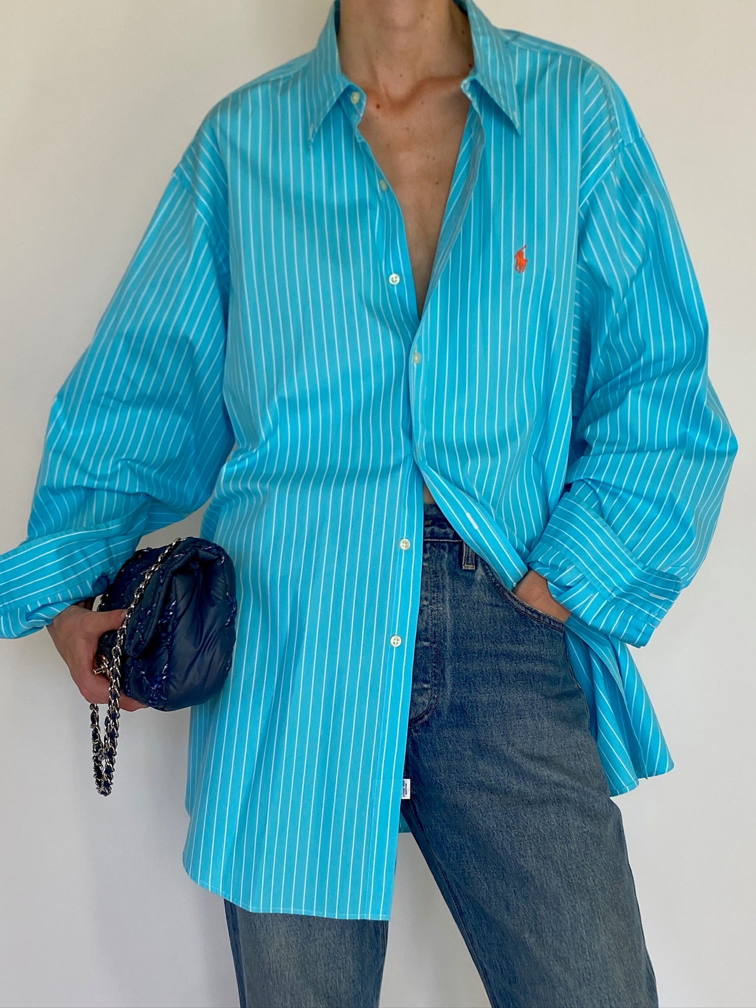 Vintage Ralph Lauren turquoise striped oversized shirt front view