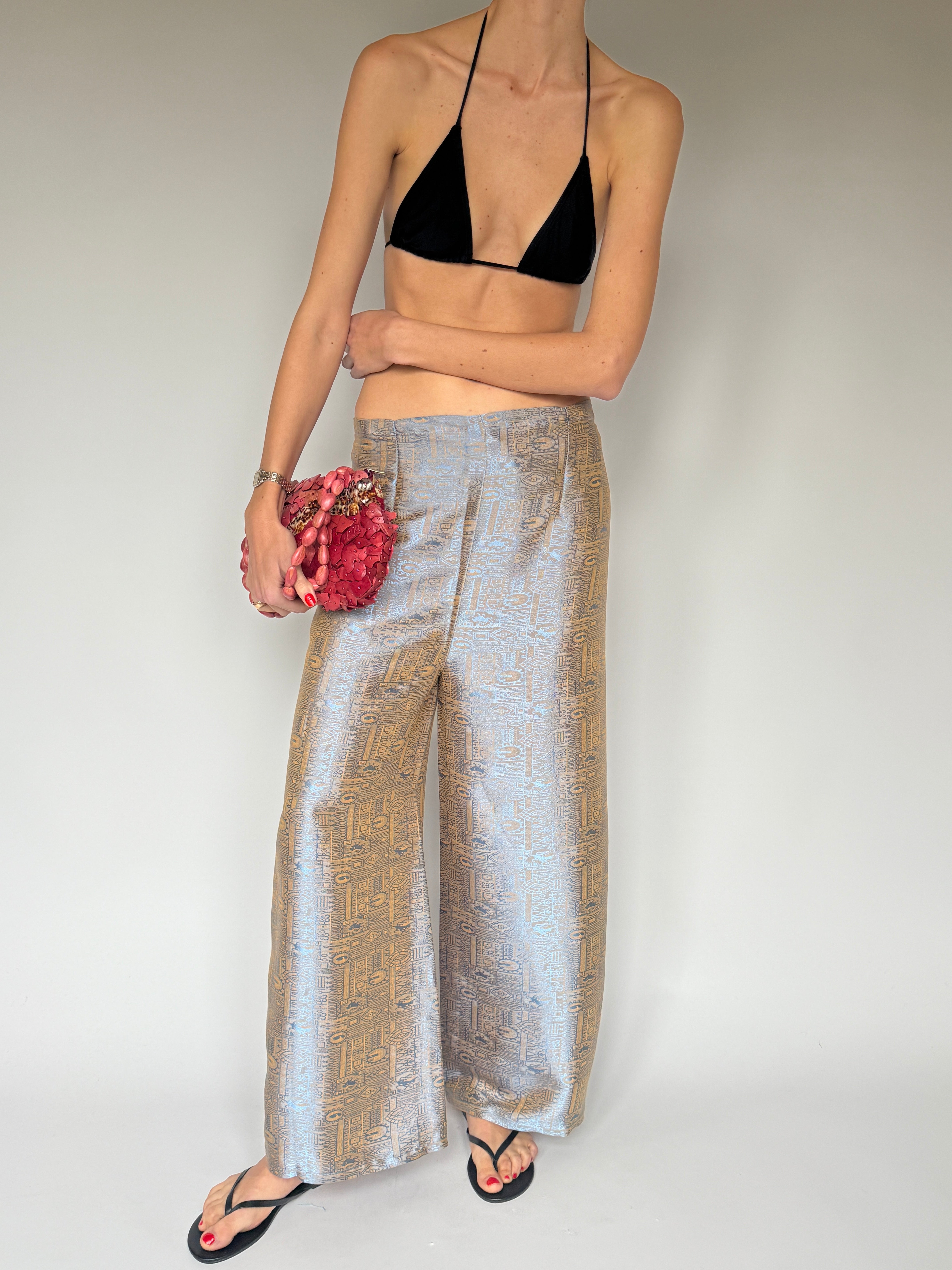 Vintage high-rise pants in light blue and tan with subtle allover motif