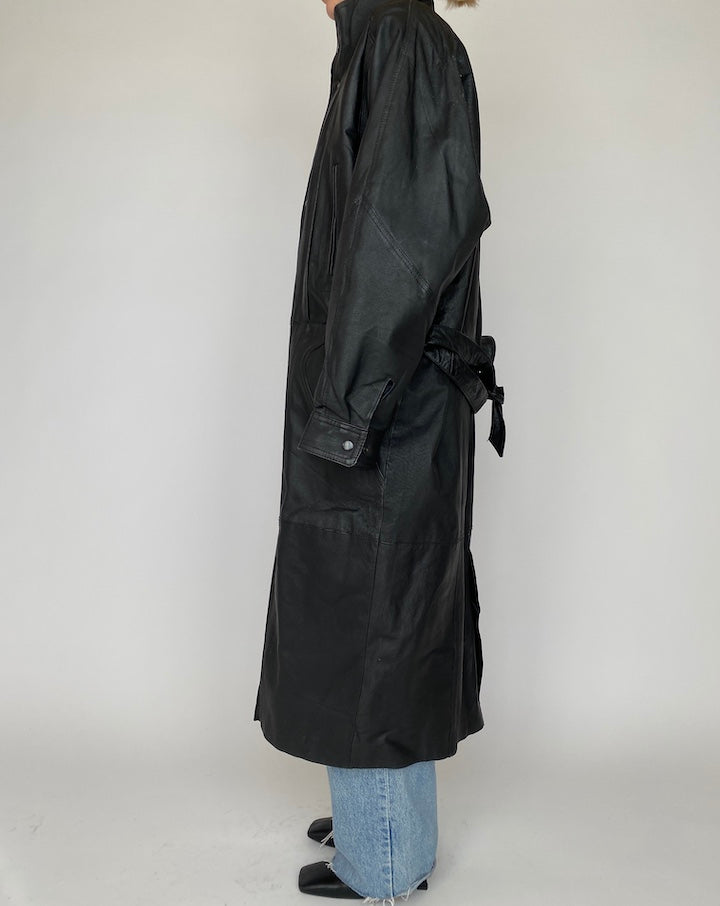 VINTAGE OVERSIZED LONG BLACK LEATHER COAT 4168