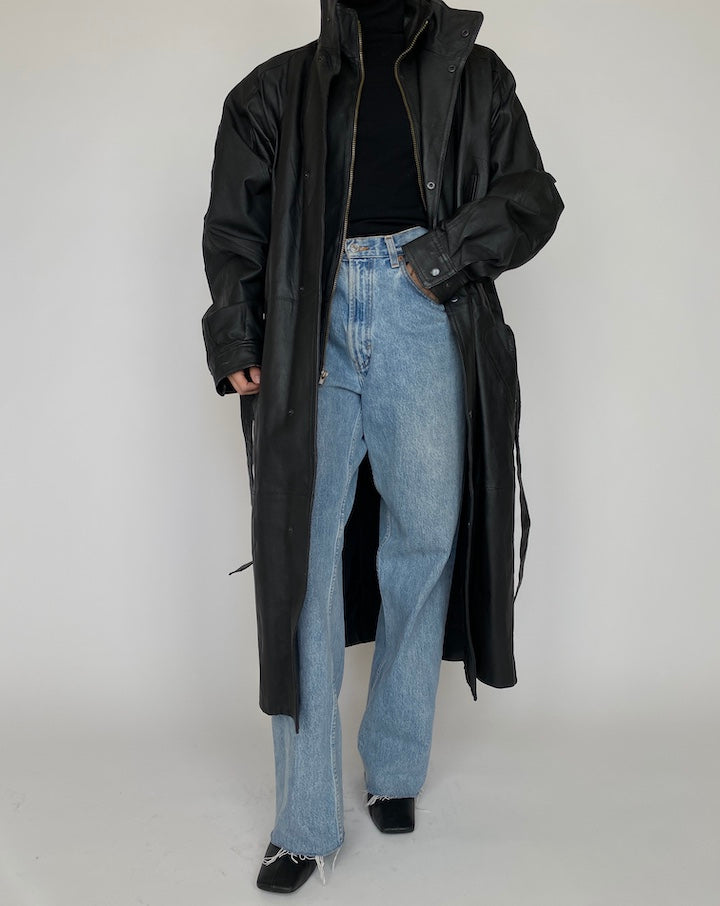VINTAGE OVERSIZED LONG BLACK LEATHER COAT 4168