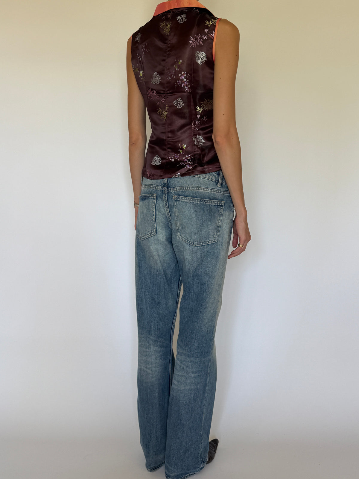 Vintage wine brocade top back view with floral motifs