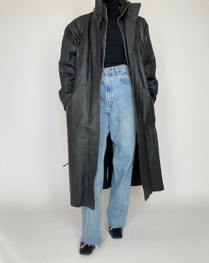 VINTAGE OVERSIZED LONG BLACK LEATHER COAT 4168