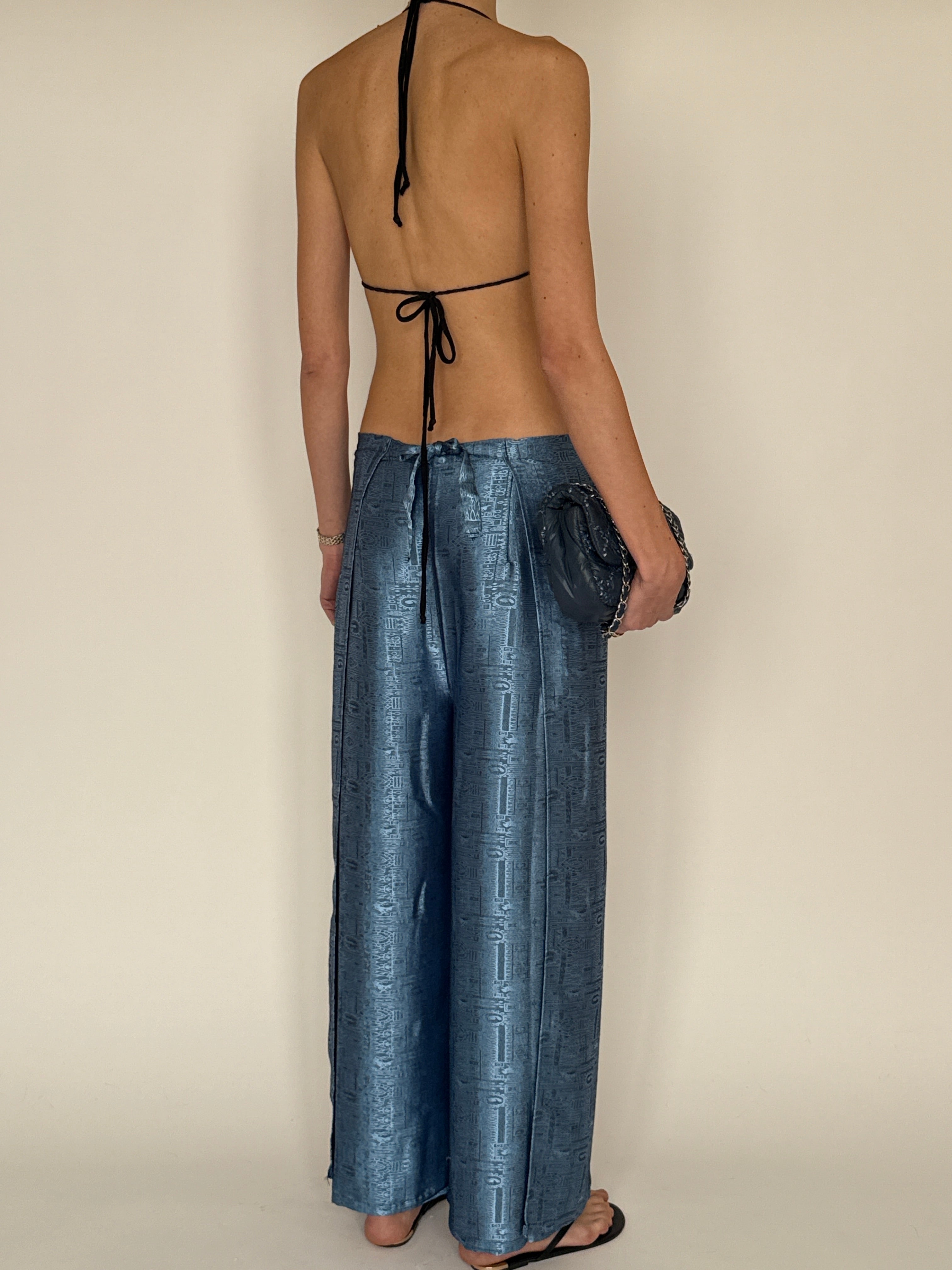 Vintage metallic blue jacquard wide-leg trousers back view