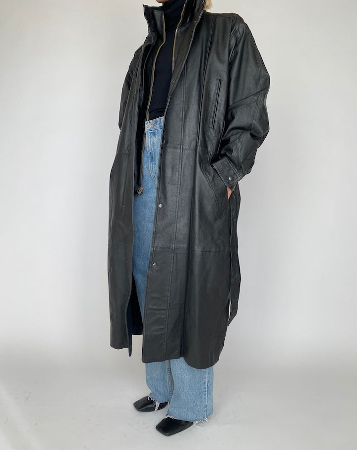 VINTAGE OVERSIZED LONG BLACK LEATHER COAT 4168