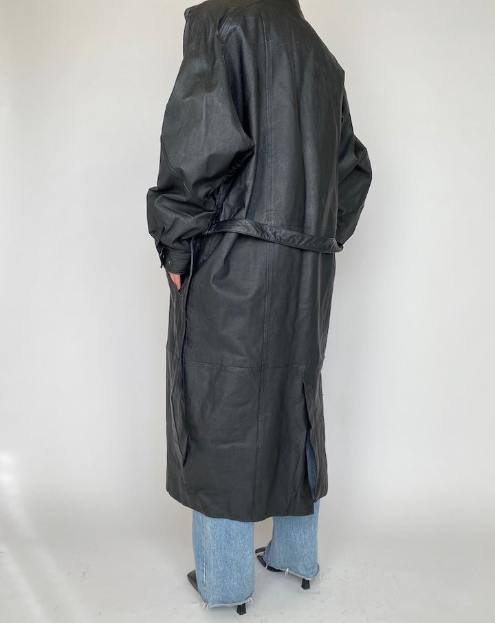 VINTAGE OVERSIZED LONG BLACK LEATHER COAT 4168