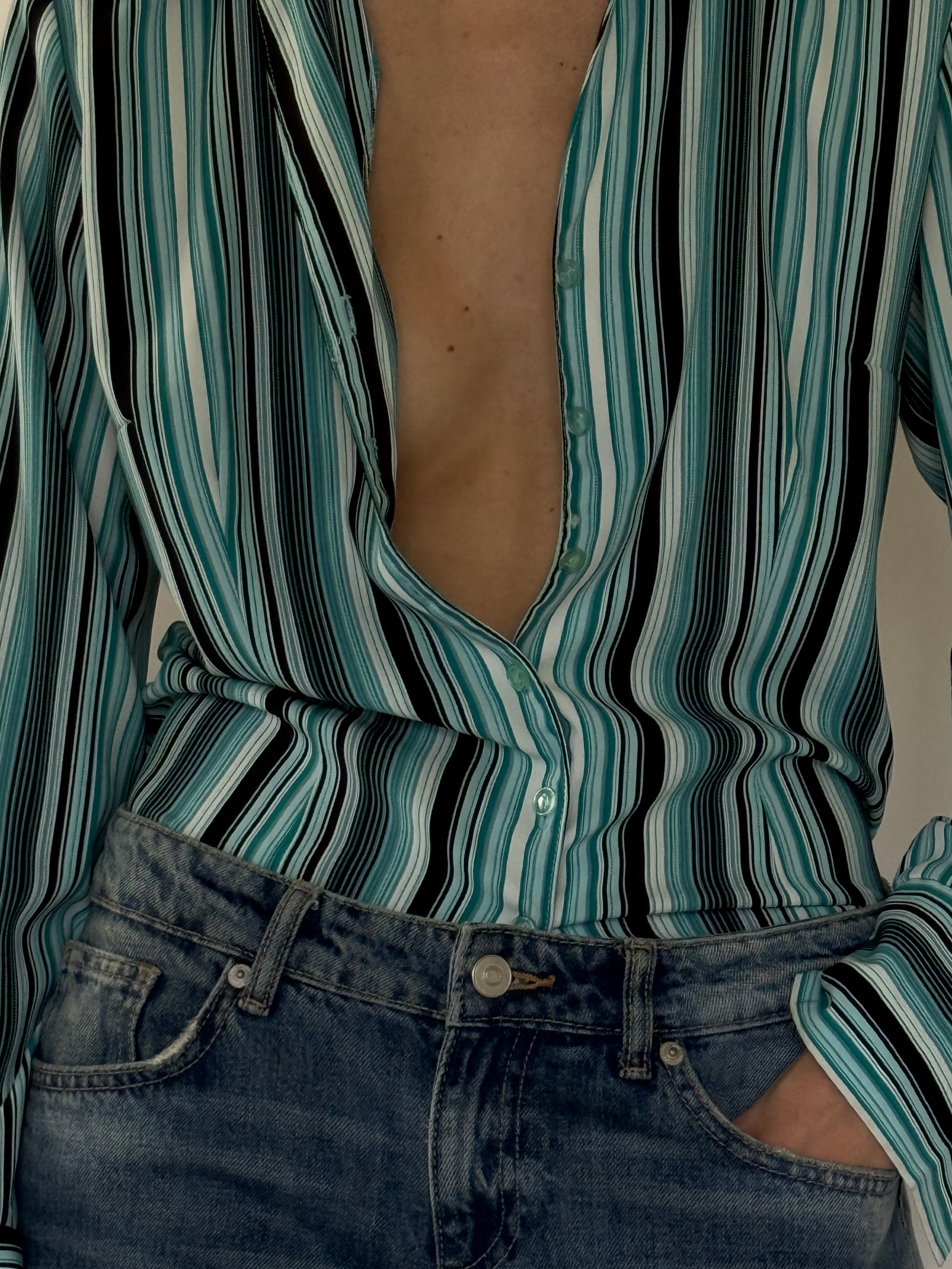 Vintage aqua striped blouse button-front detail