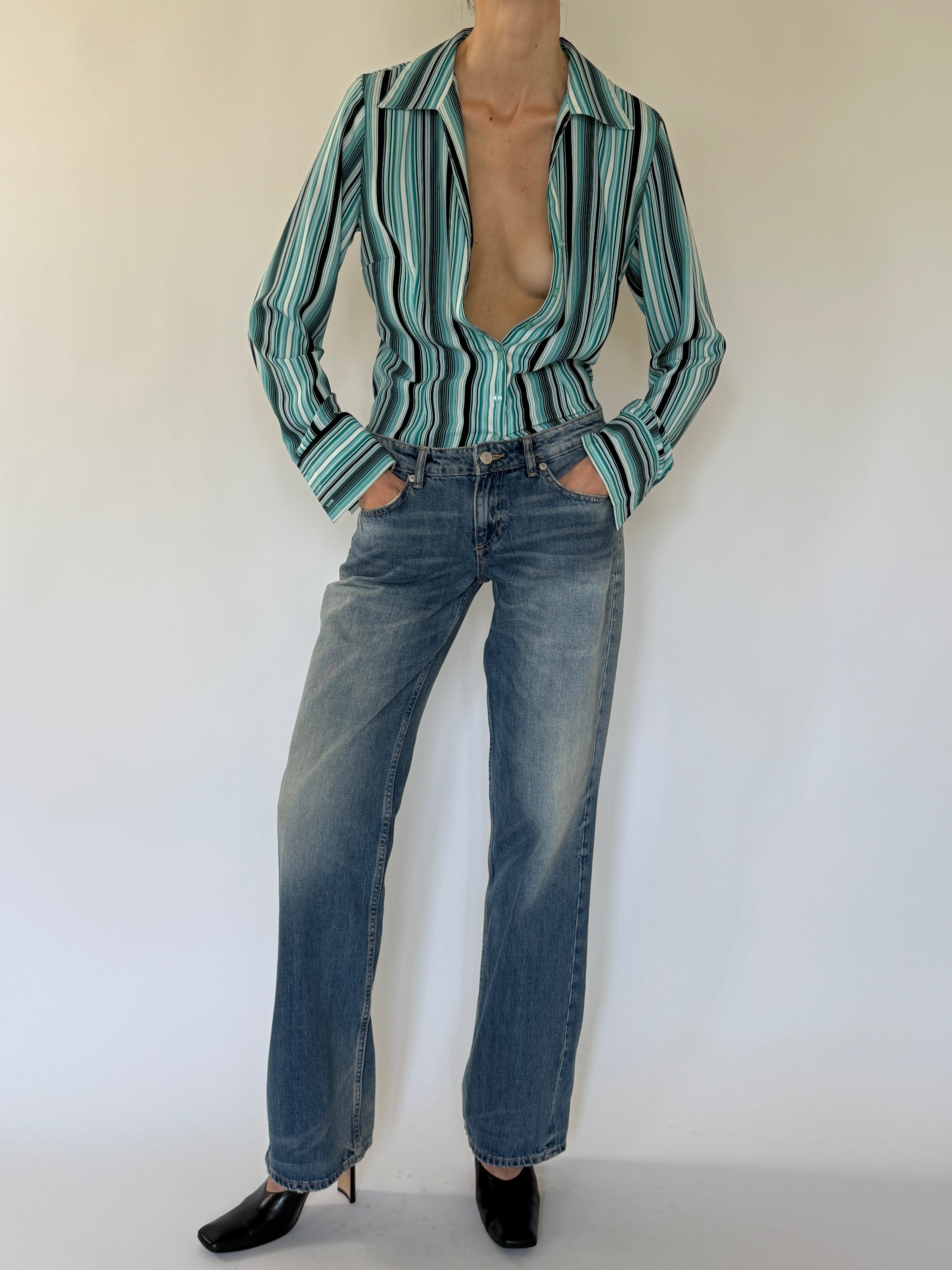 Vintage aqua striped blouse front view