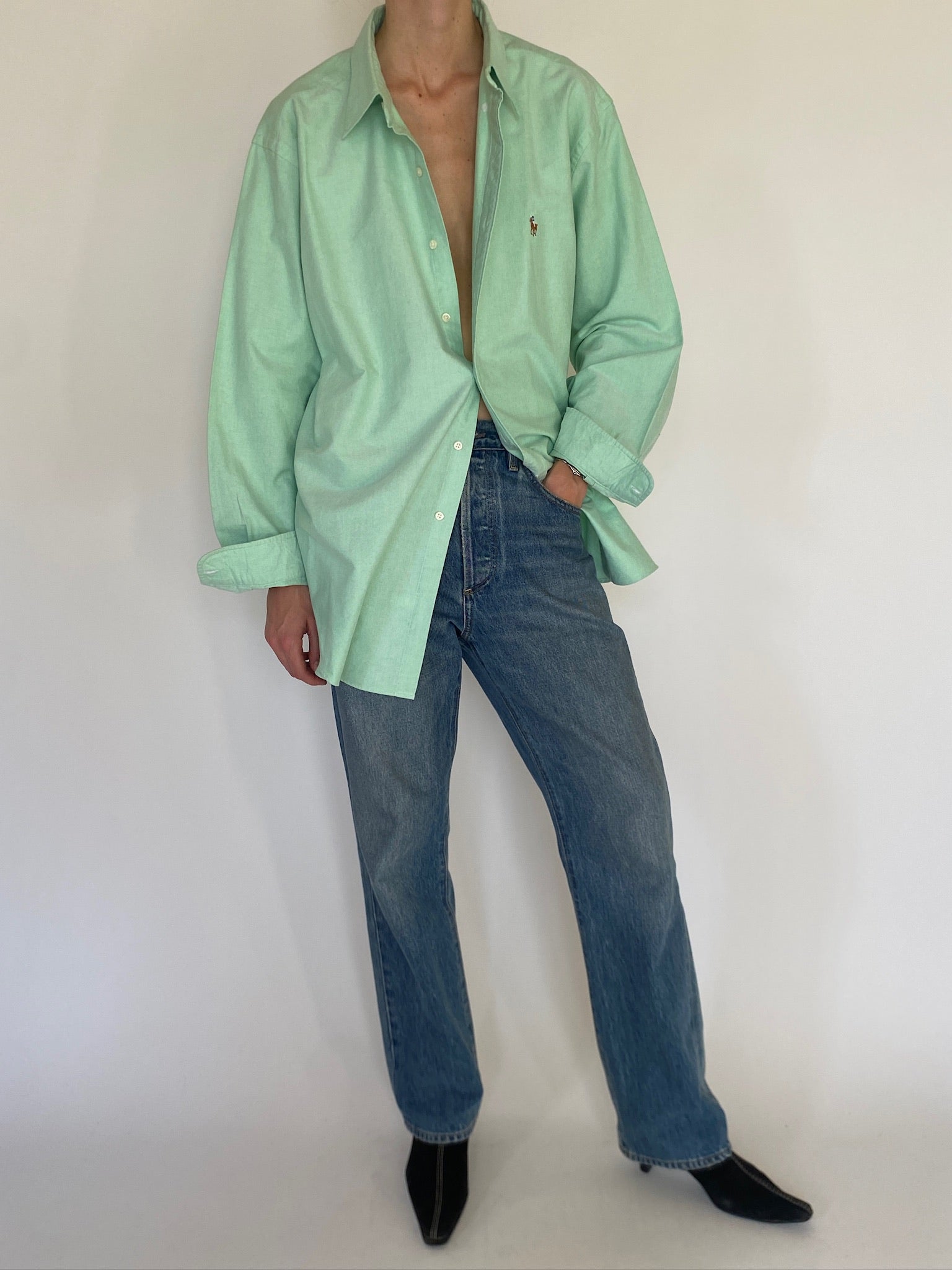 Vintage Ralph Lauren mint green oversized cotton shirt full-length view