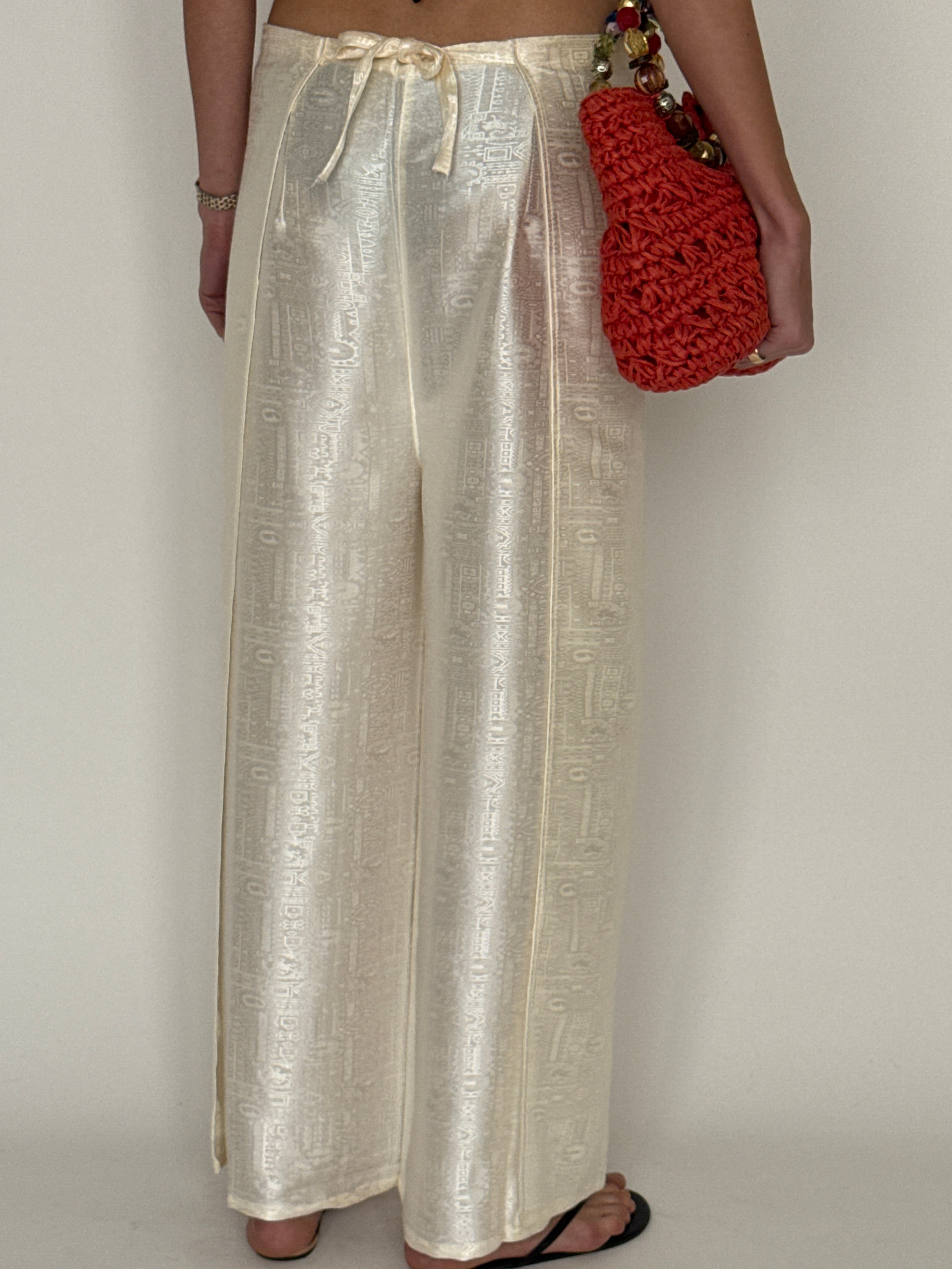 Vintage ivory jacquard wide-leg wrap trousers back view