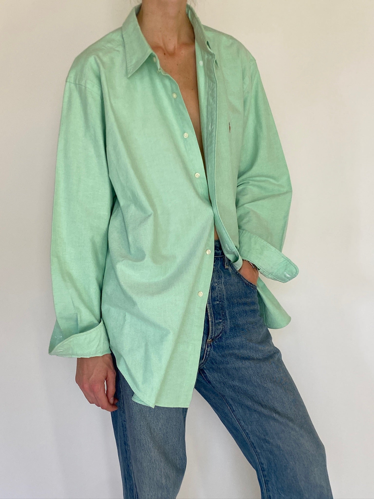 Vintage Ralph Lauren mint green cotton shirt fabric close-up