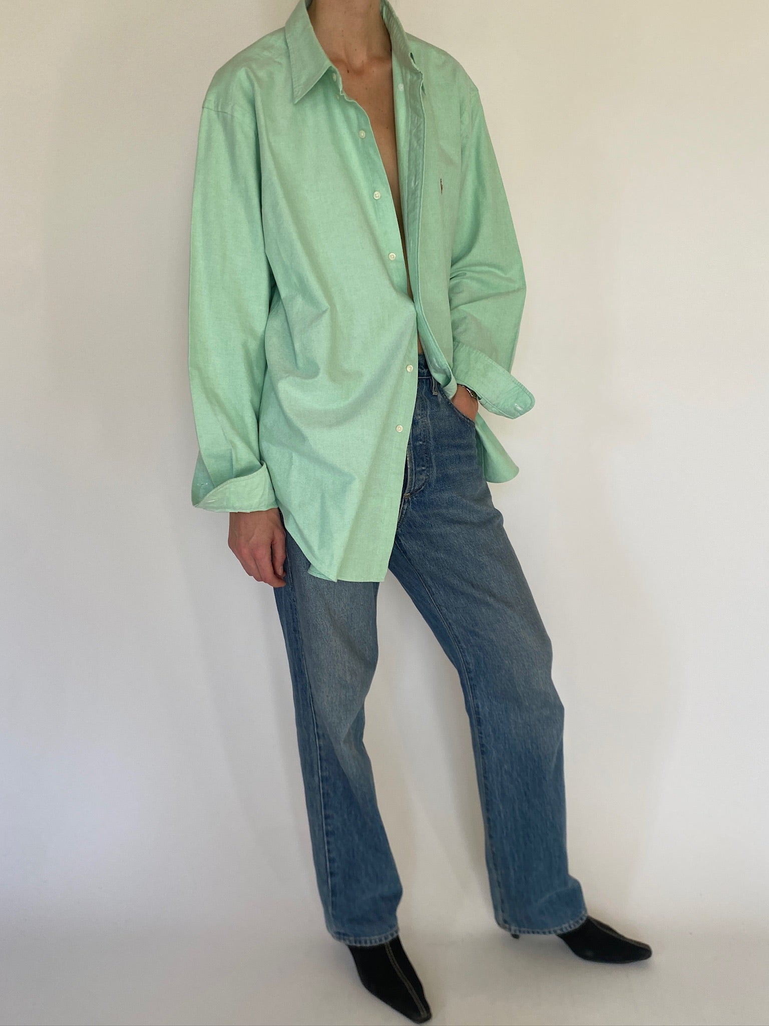 Vintage Ralph Lauren mint green oversized cotton shirt full-length view