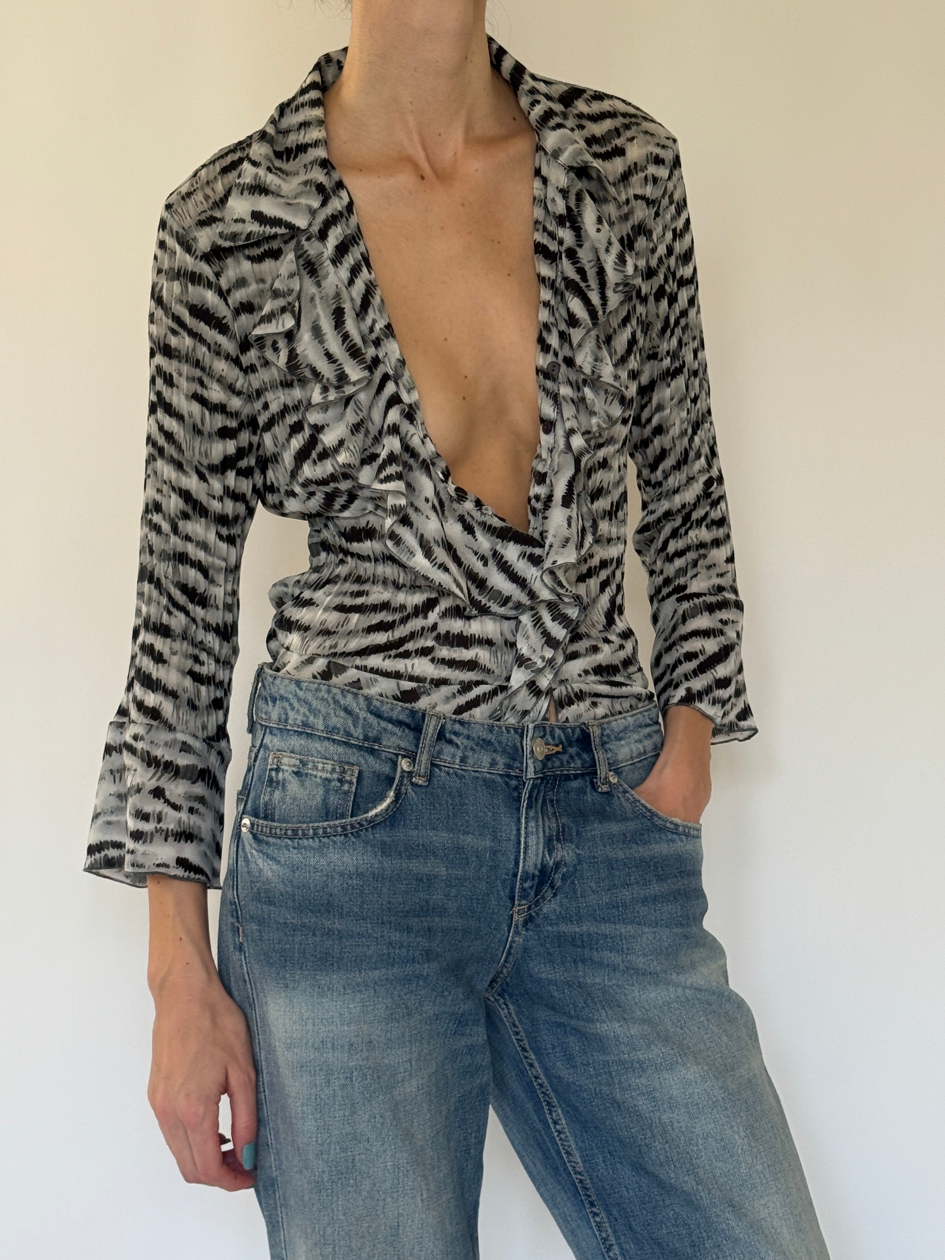 Vintage zebra print ruffle blouse front view