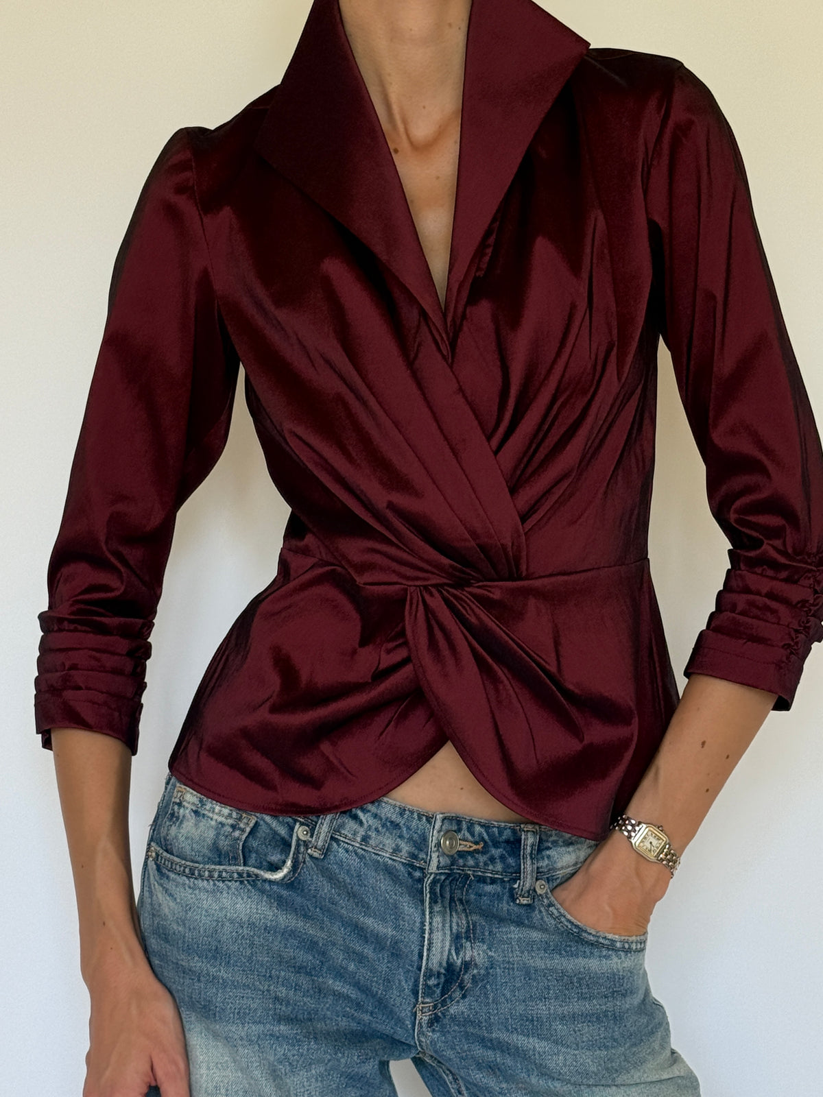 Vintage burgundy wrap blouse front view with draped waist
