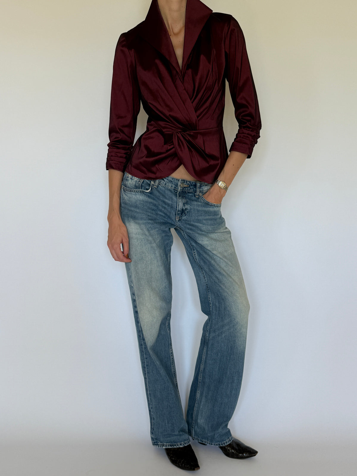 Vintage burgundy blouse twisted wrap front detail