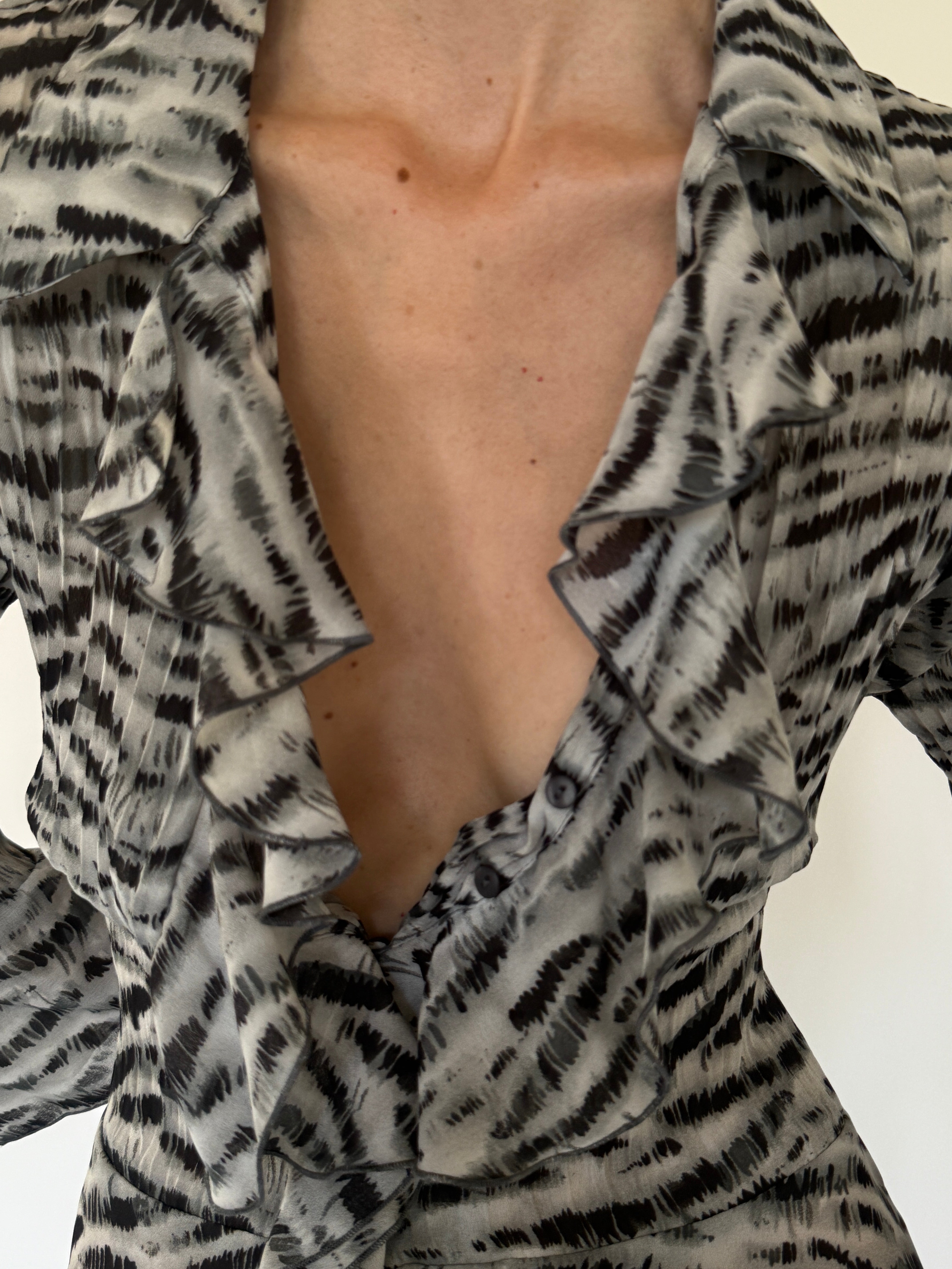 Vintage zebra print ruffle blouse close-up of ruffle detail