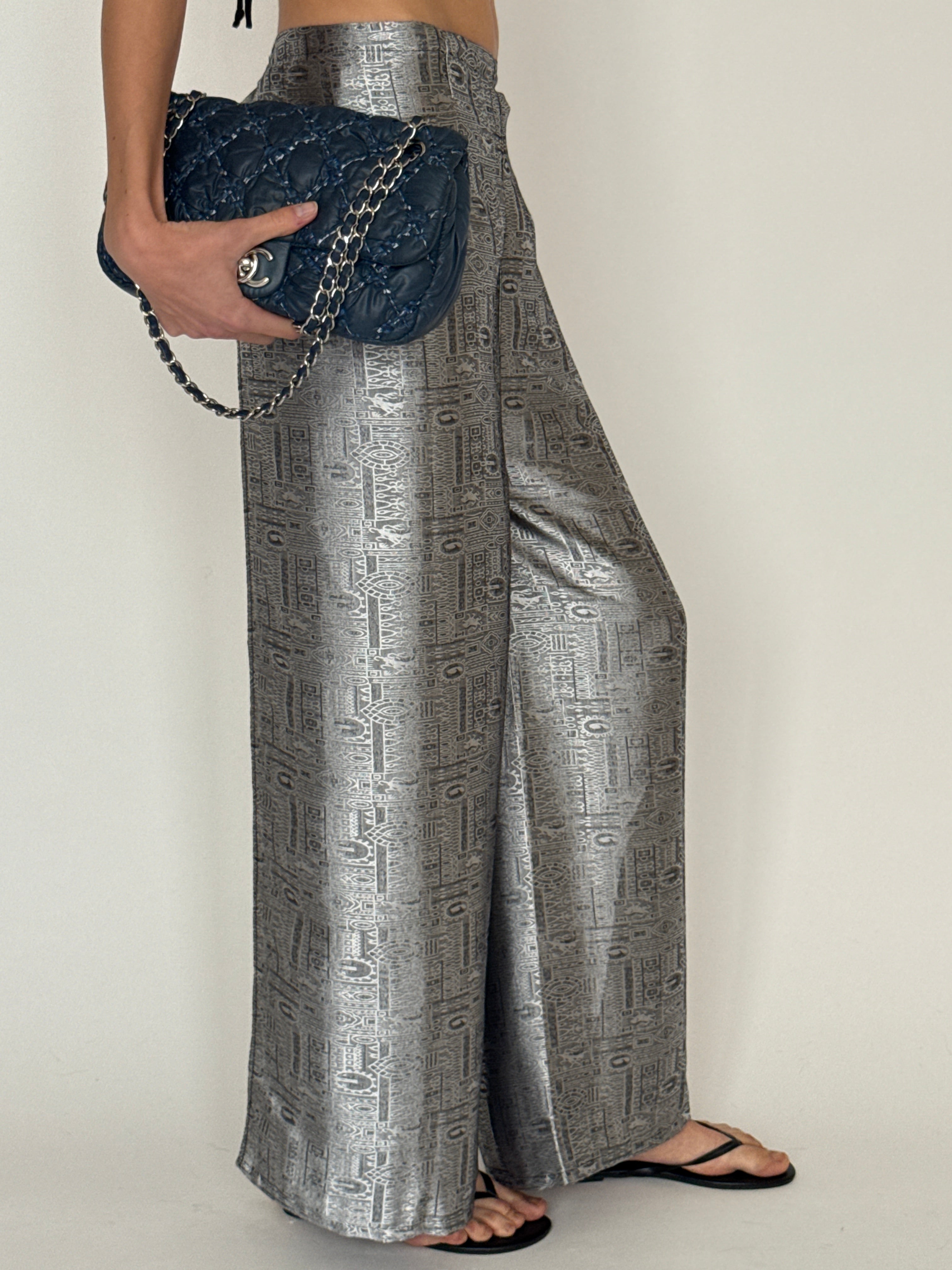 Vintage metallic jacquard wrap trousers silver blue side view
