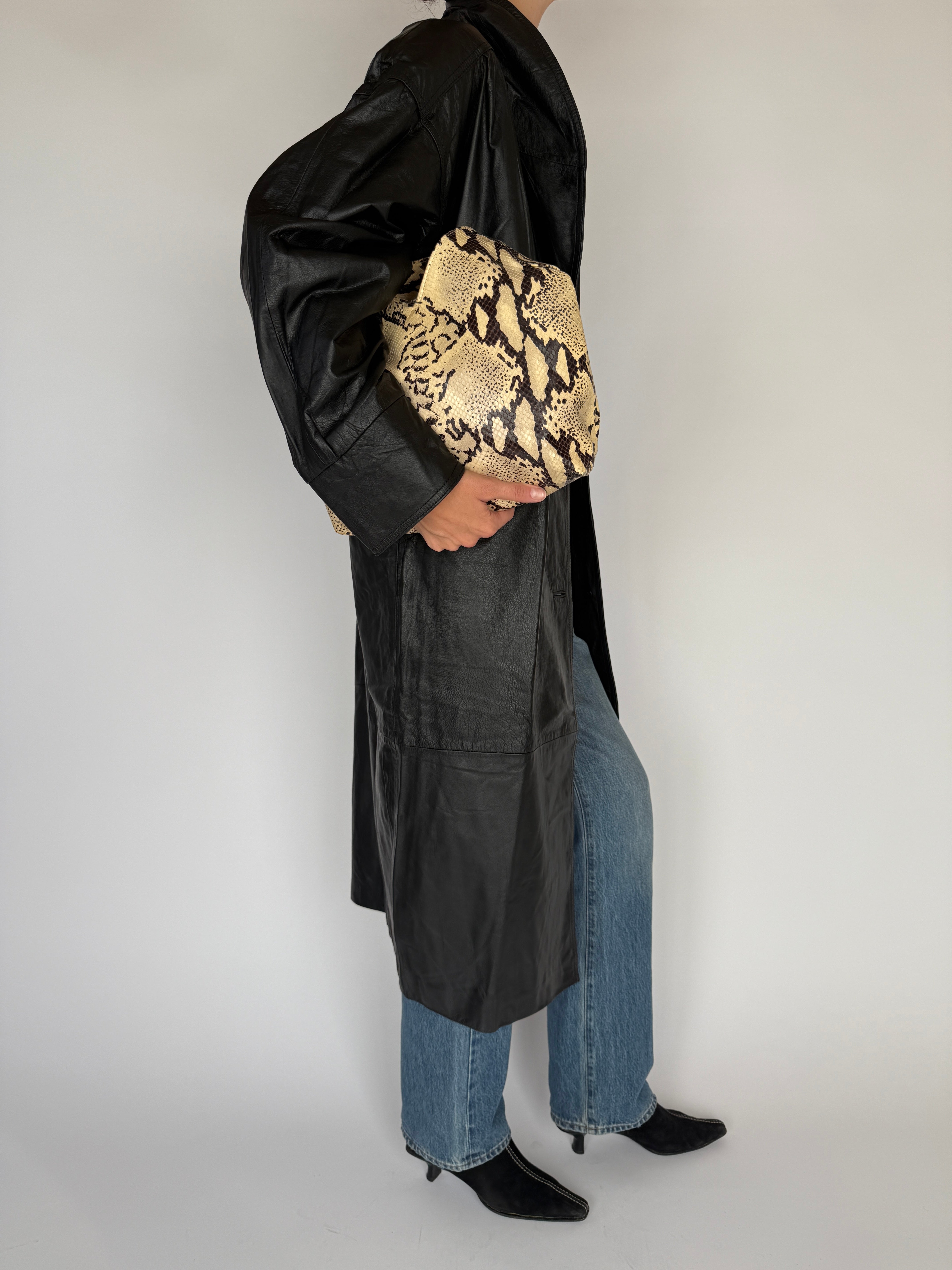Vintage Long Leather Jacket Black 6344