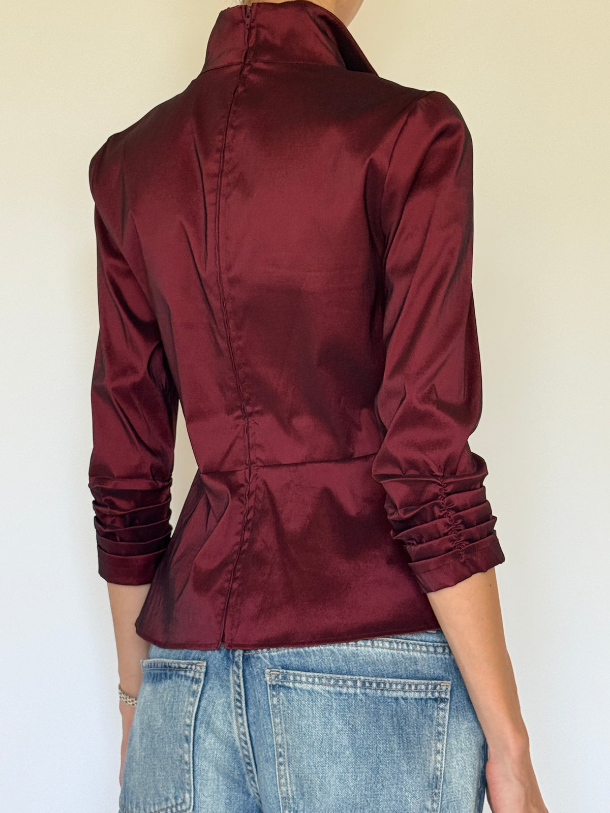 Vintage burgundy wrap blouse back view with zipper closure