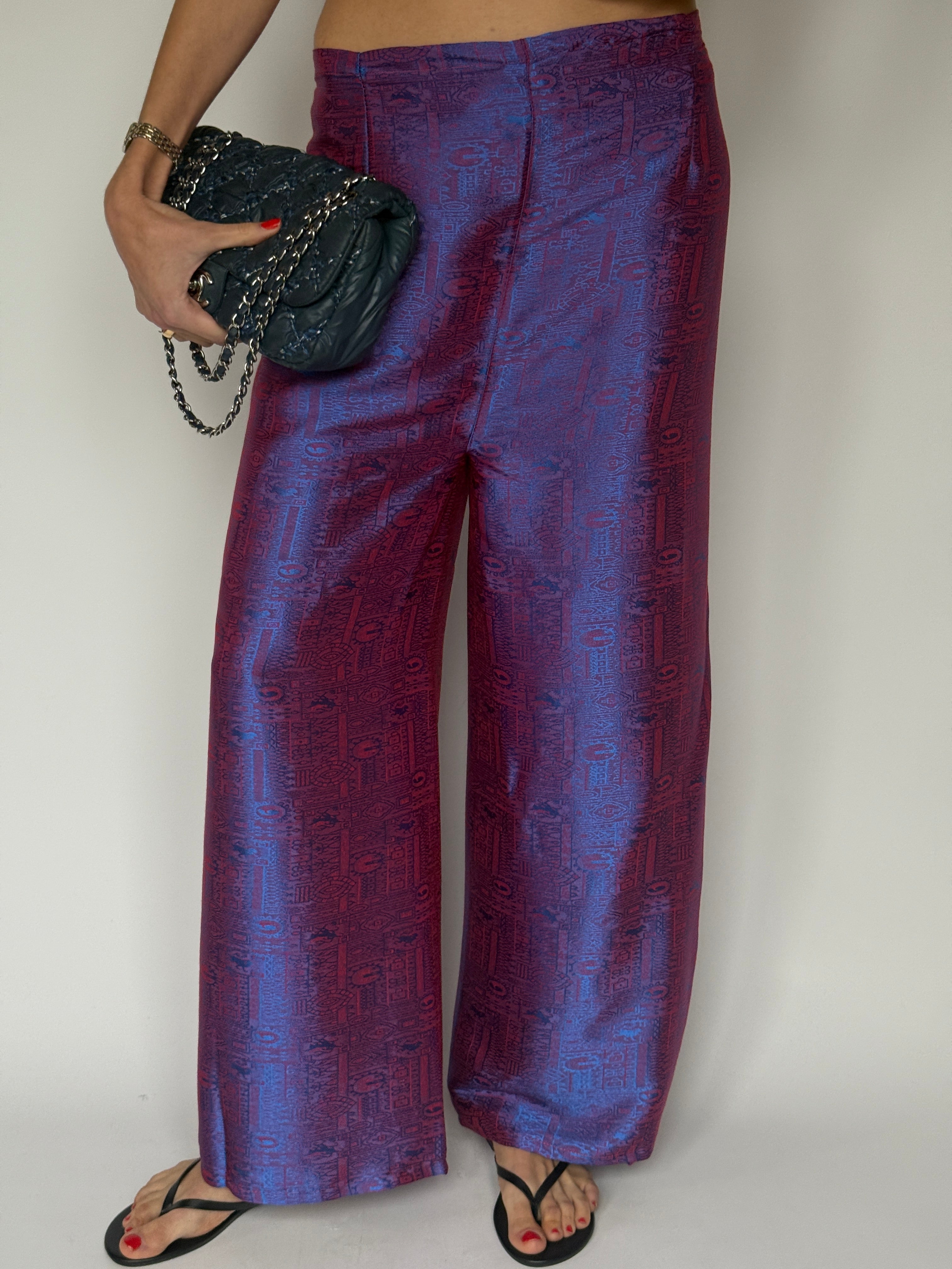 Vintage jacquard wrap trousers blue and purple drape detail