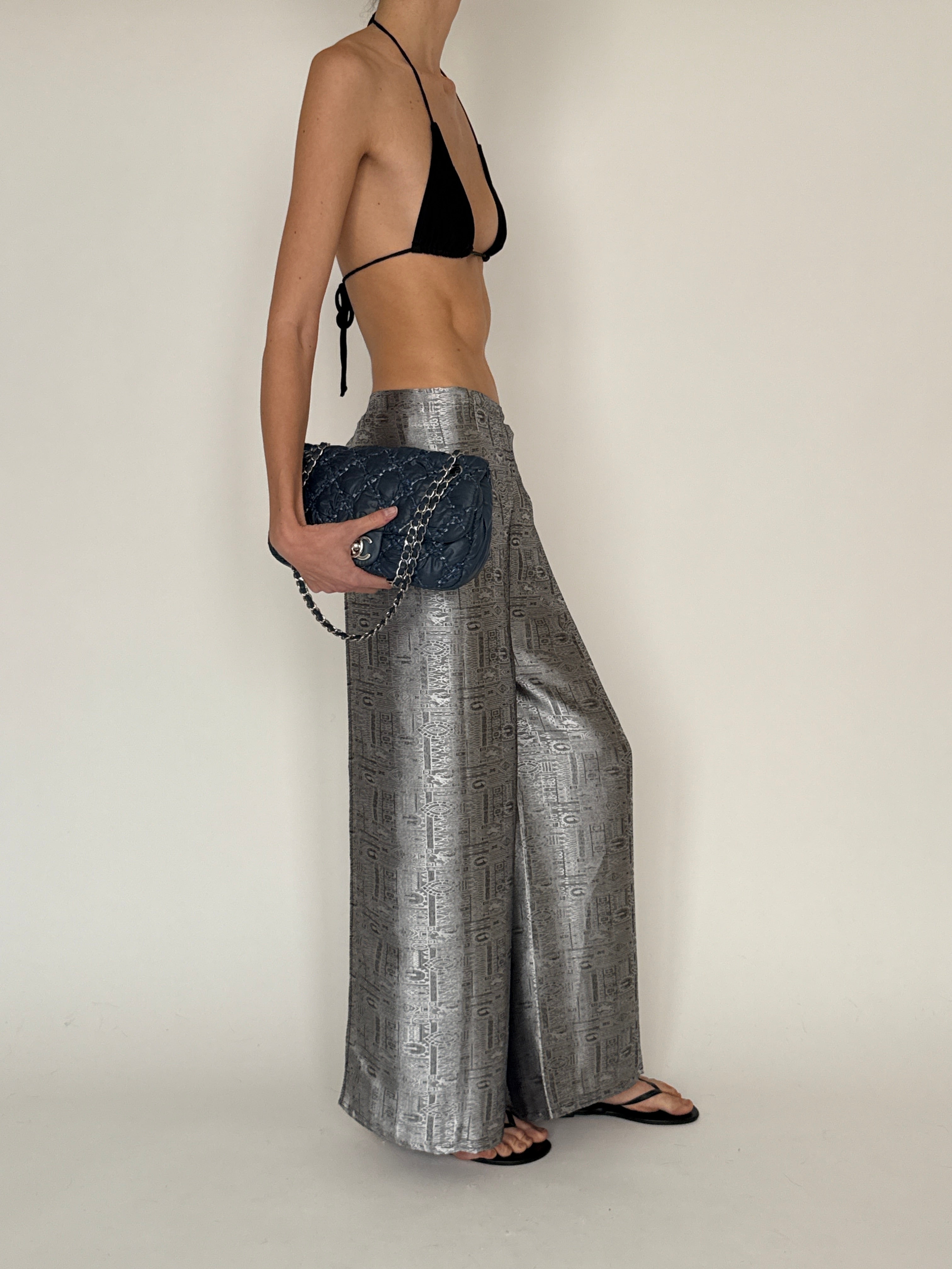 Vintage metallic jacquard wrap trousers silver blue side view full body