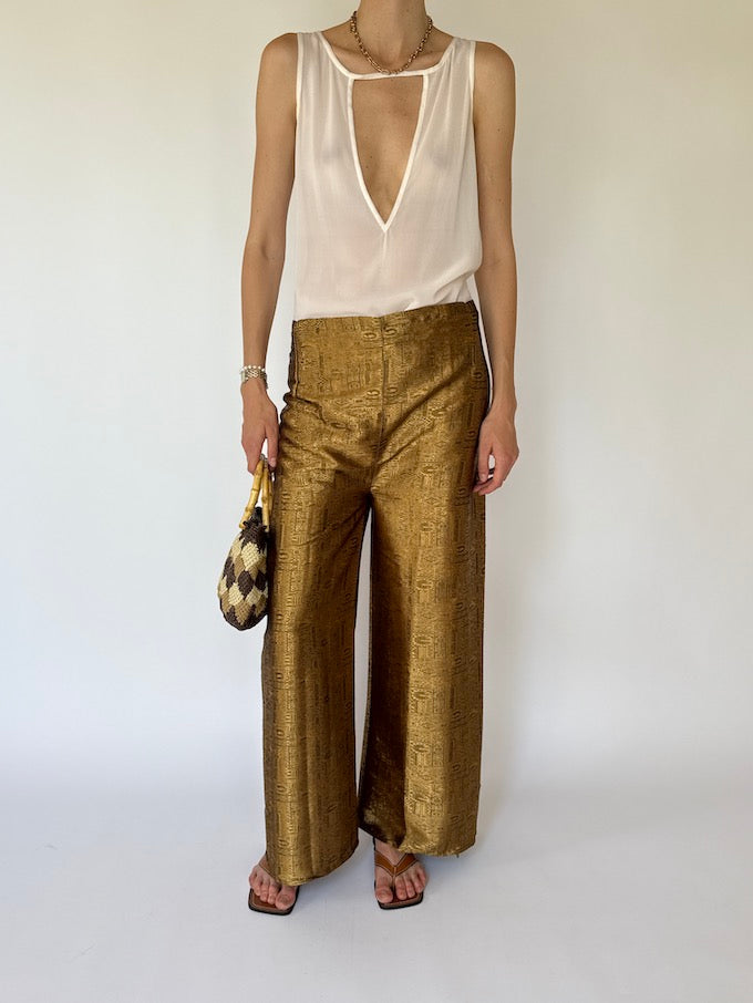 Vintage brocade Waist-Tie Wrap Pants gold 8200