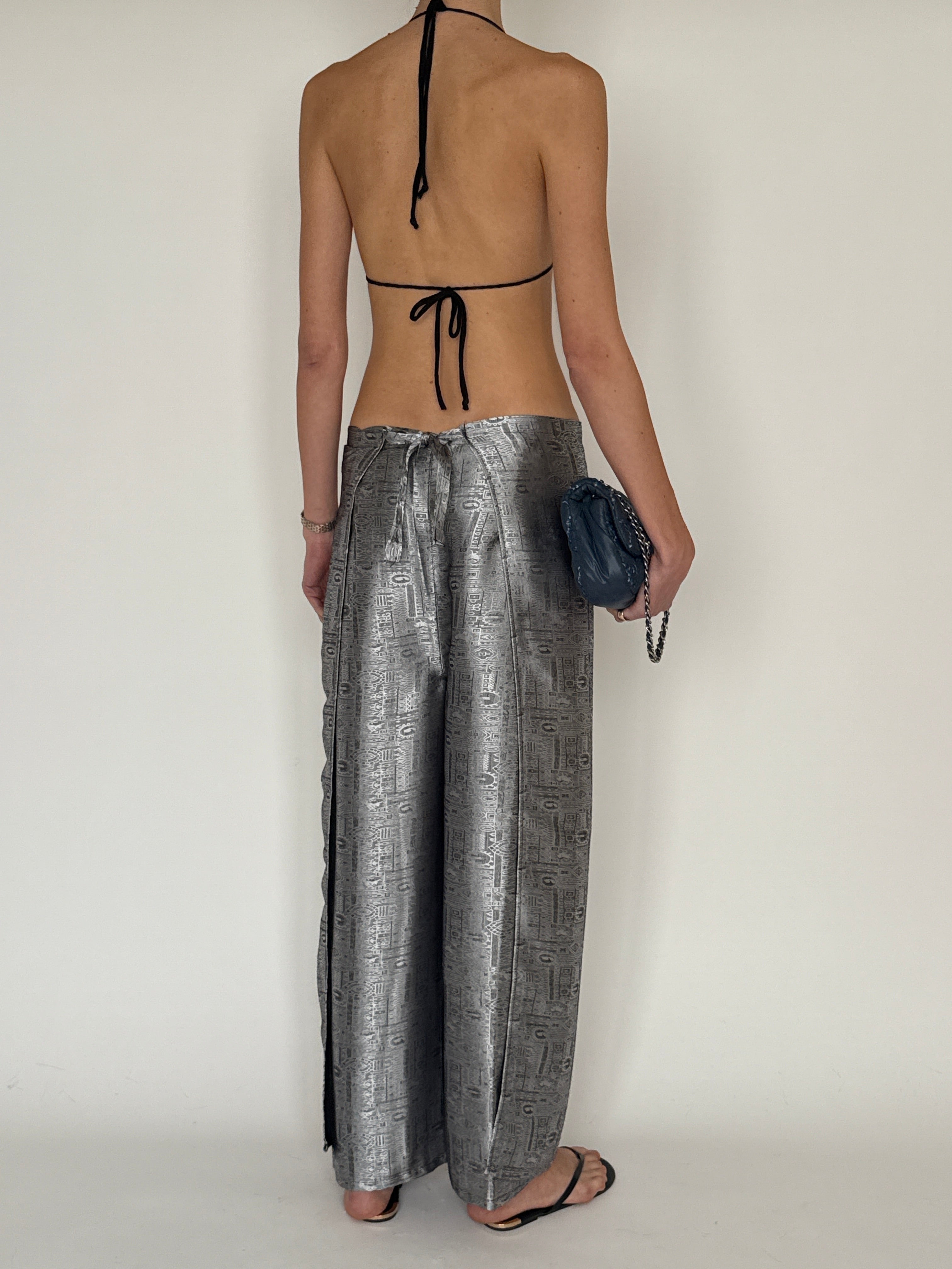 Vintage metallic jacquard wide-leg wrap trousers silver back view