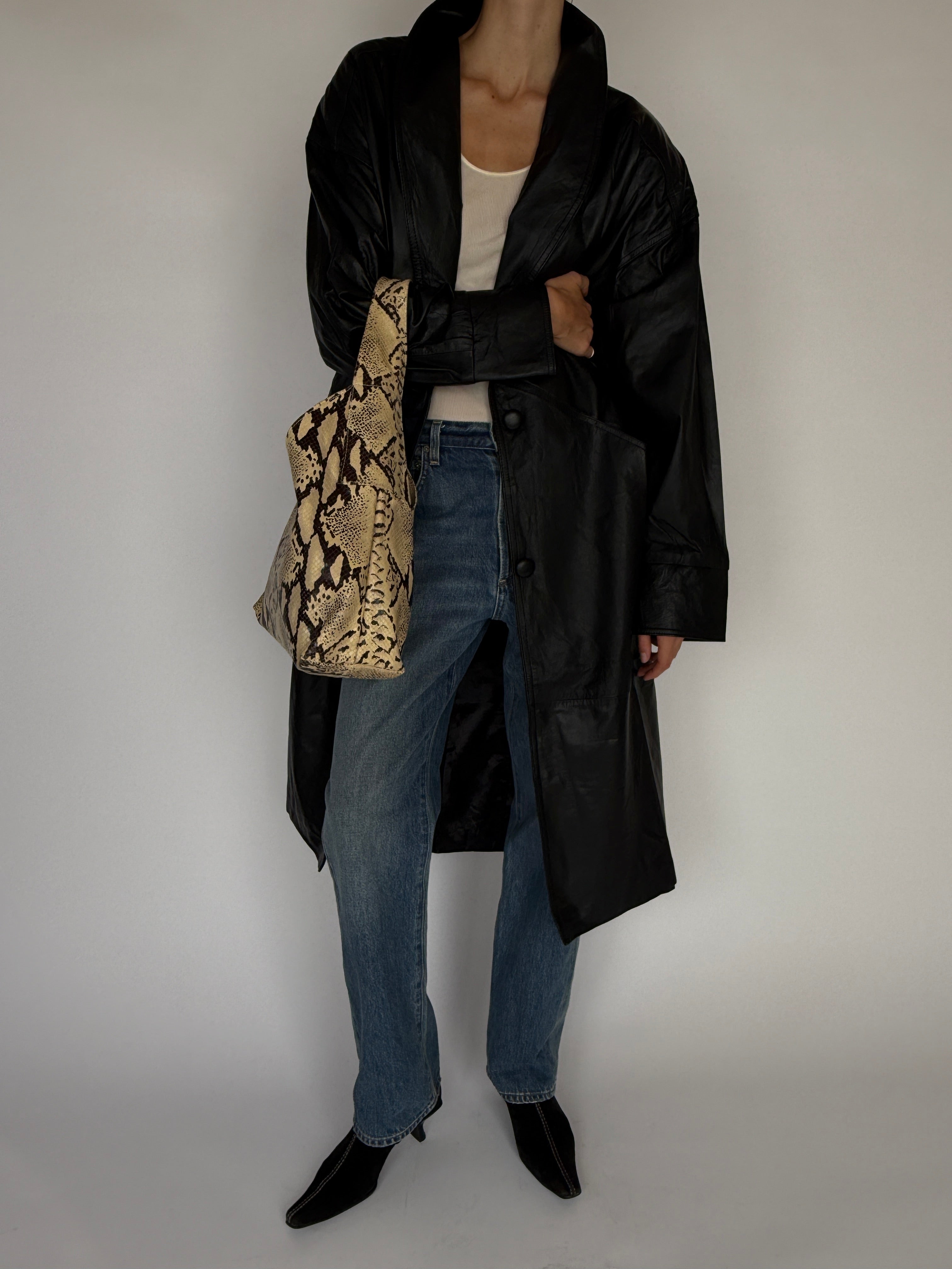 Vintage Long Leather Jacket Black 6344
