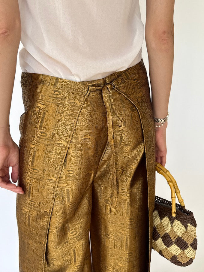 Vintage brocade Waist-Tie Wrap Pants gold 8200