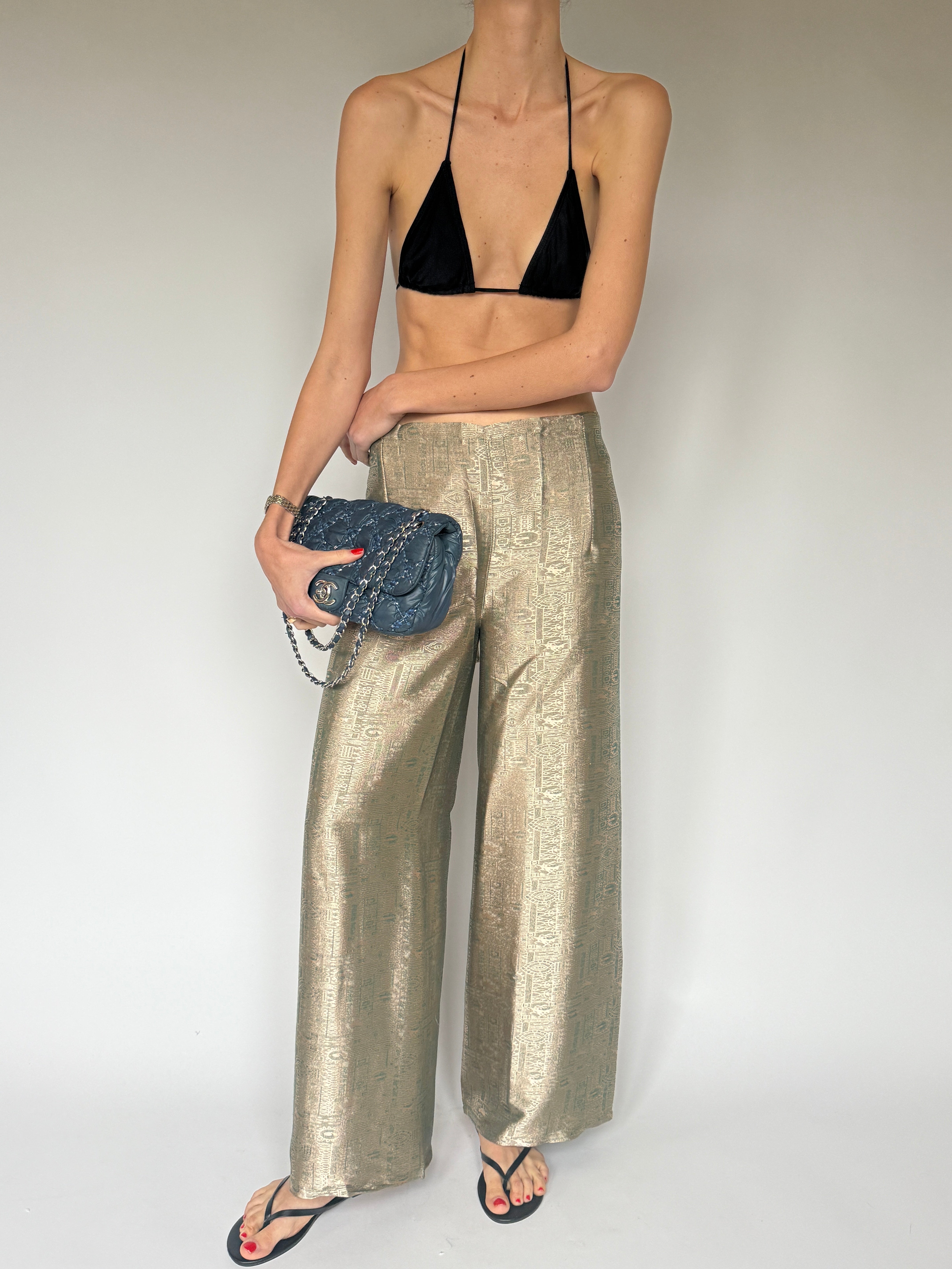 Vintage Jacquard Wide-Leg Wrap Trousers Metallic 7103