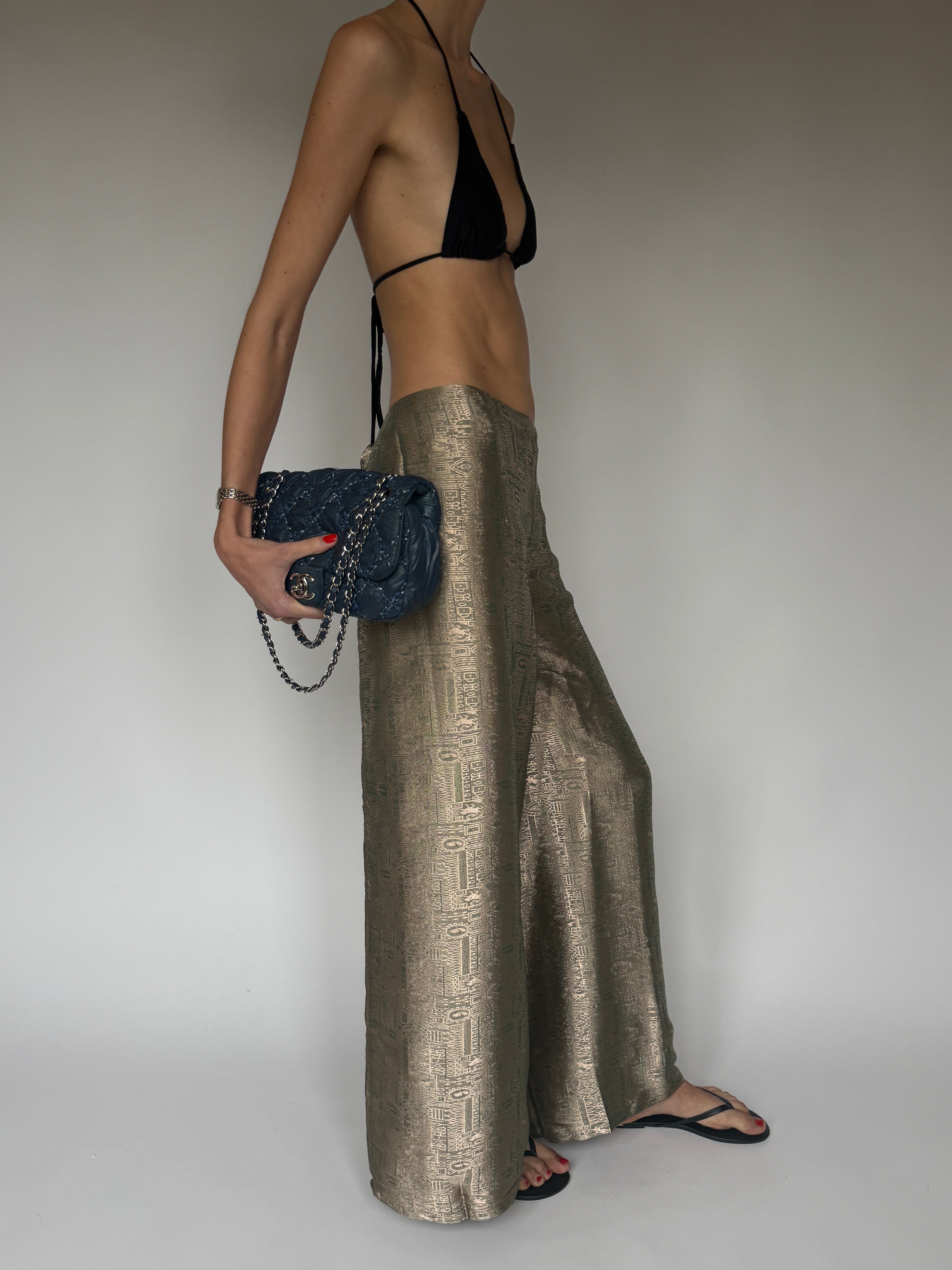 Vintage Jacquard Wide-Leg Wrap Trousers Metallic 7103