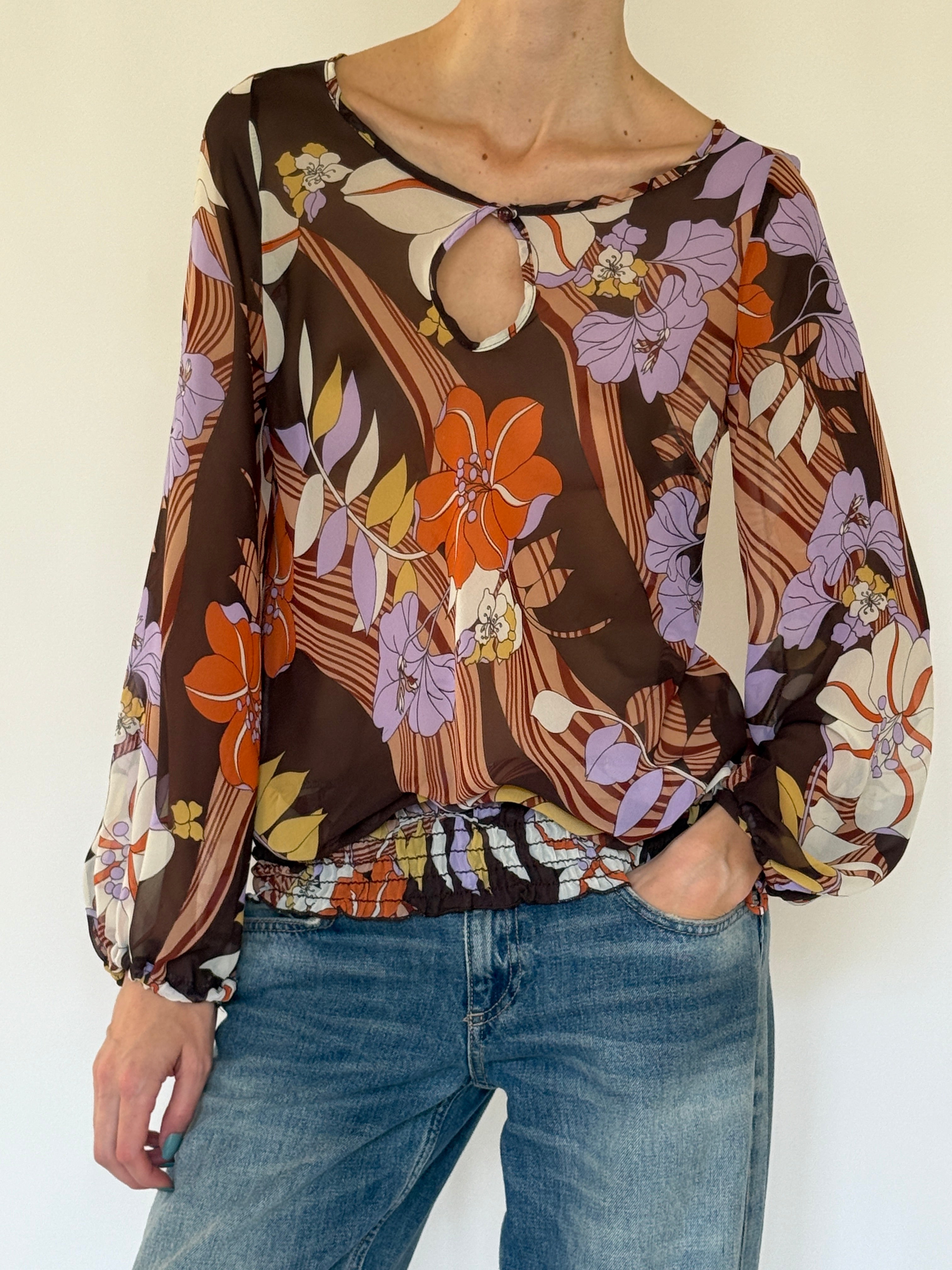 Vintage sheer floral peasant blouse front view