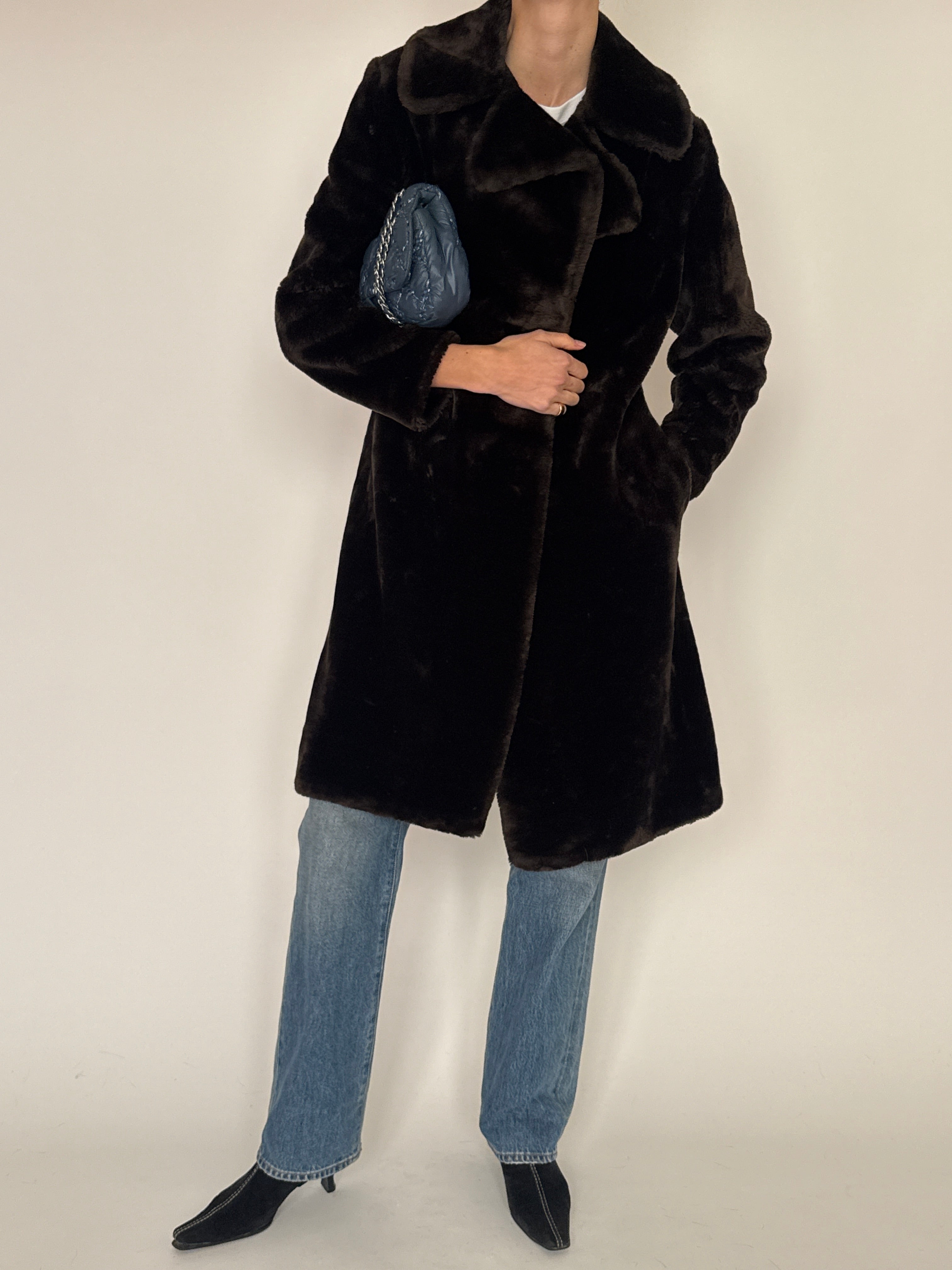 Vintage black faux fur coat front view