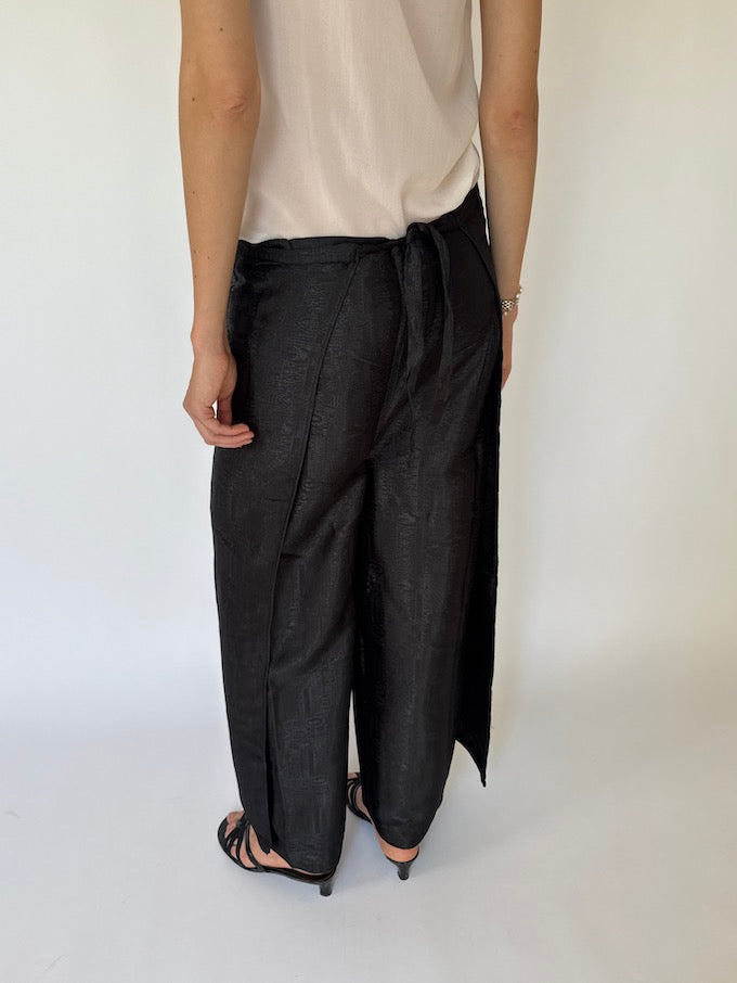Vintage brocade Waist-Tie Wrap Pants black 4357