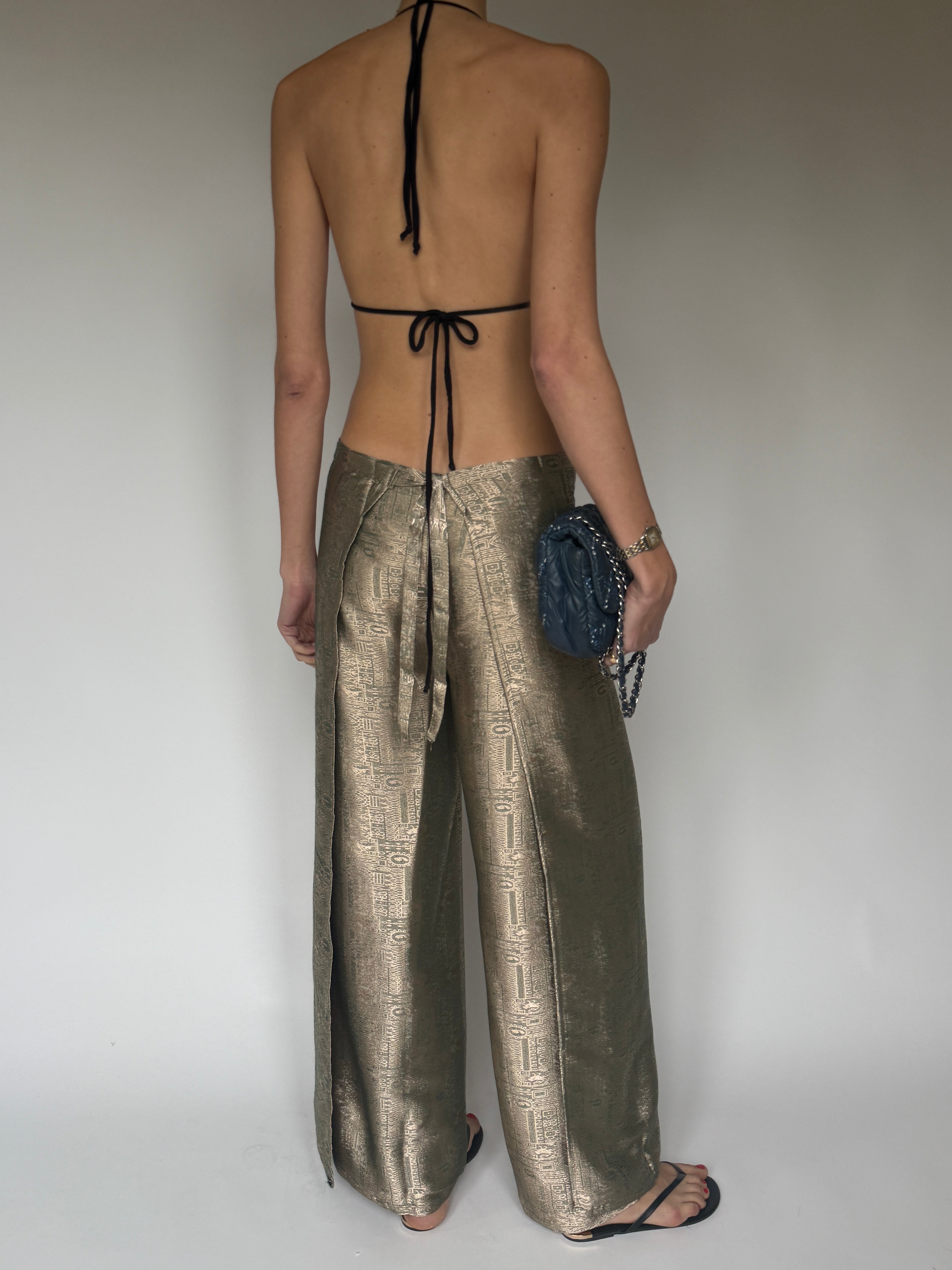 Vintage Jacquard Wide-Leg Wrap Trousers Metallic 7103