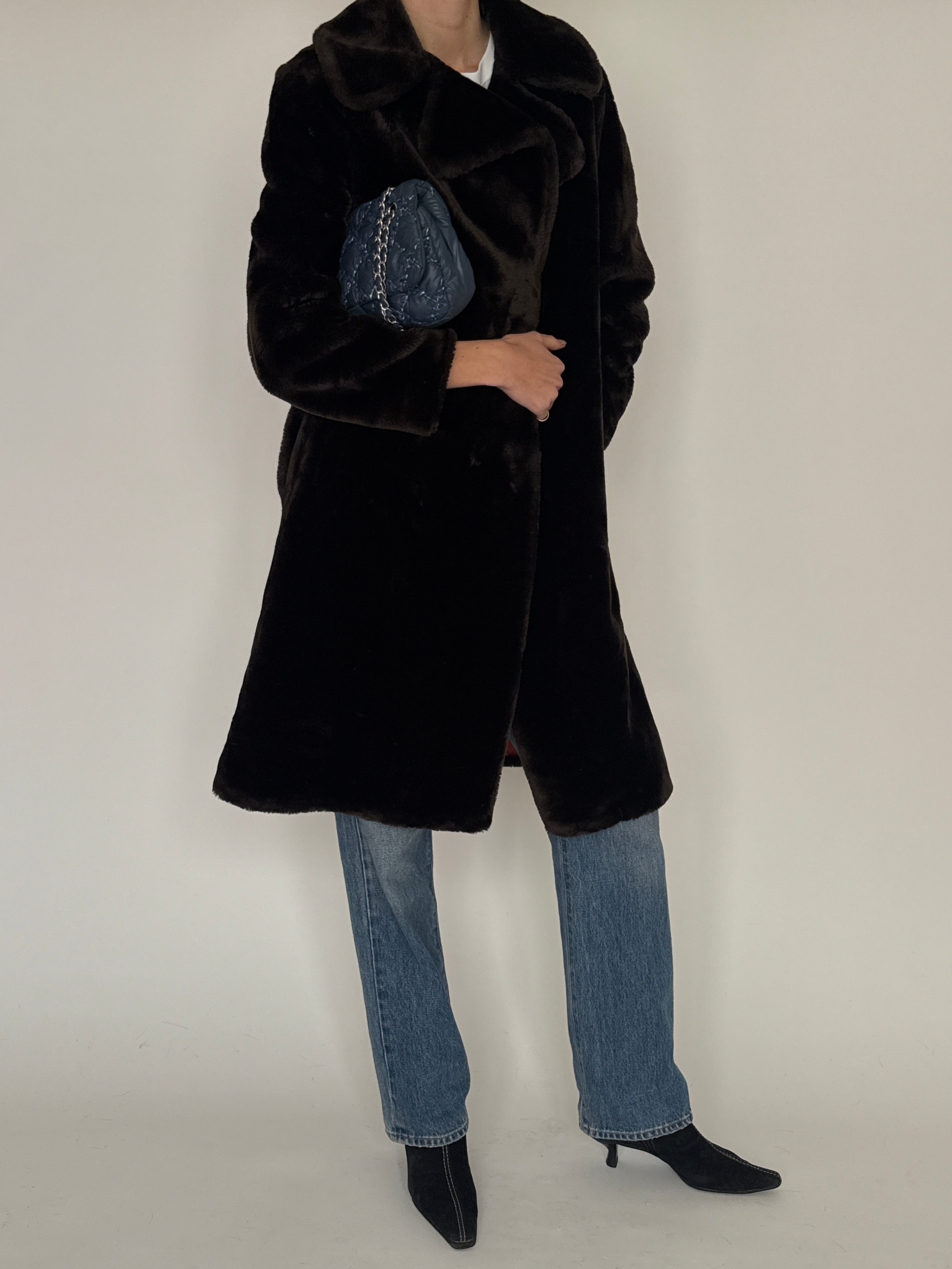 Vintage black faux fur coat side view