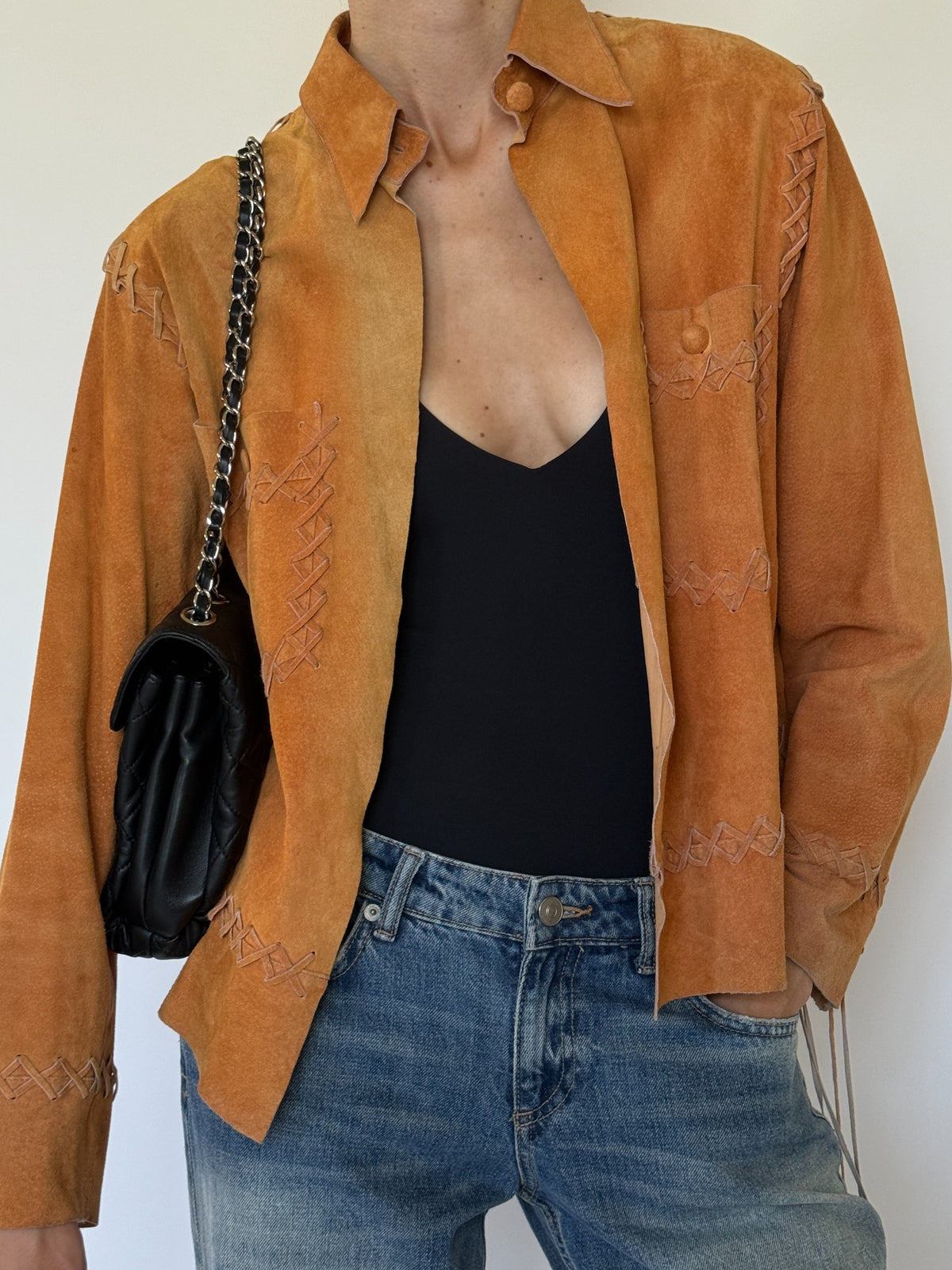 Vintage burnt orange suede leather jacket front view