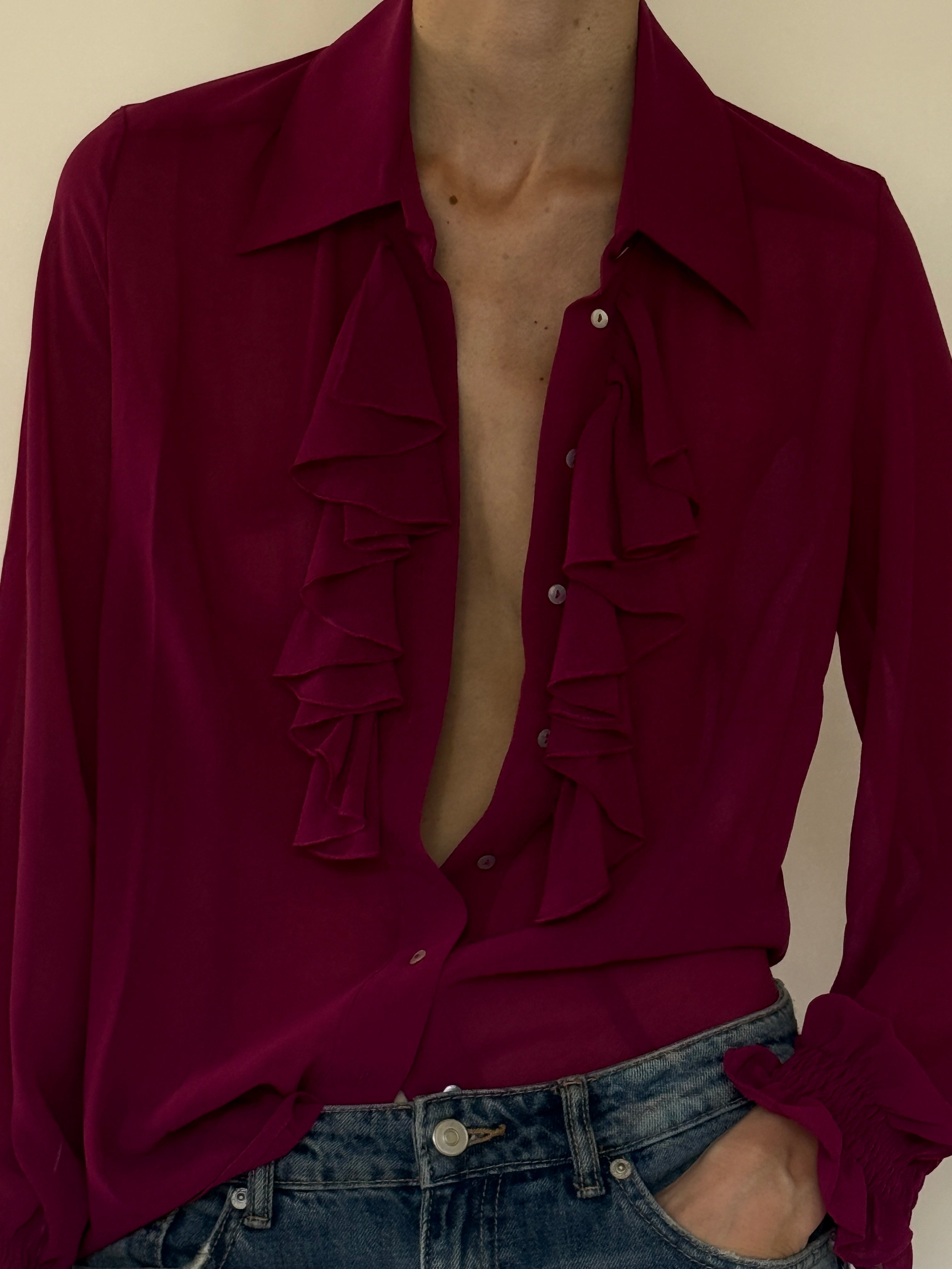 Vintage sheer ruffle blouse front view