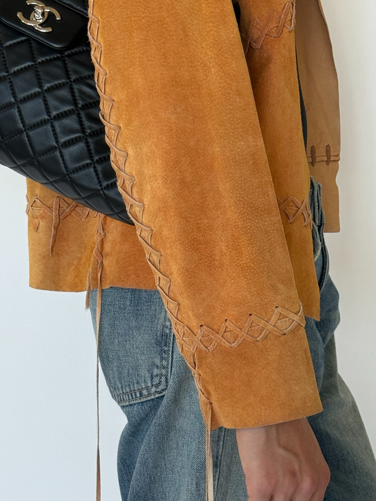Vintage burnt orange suede leather jacket sleeve detail