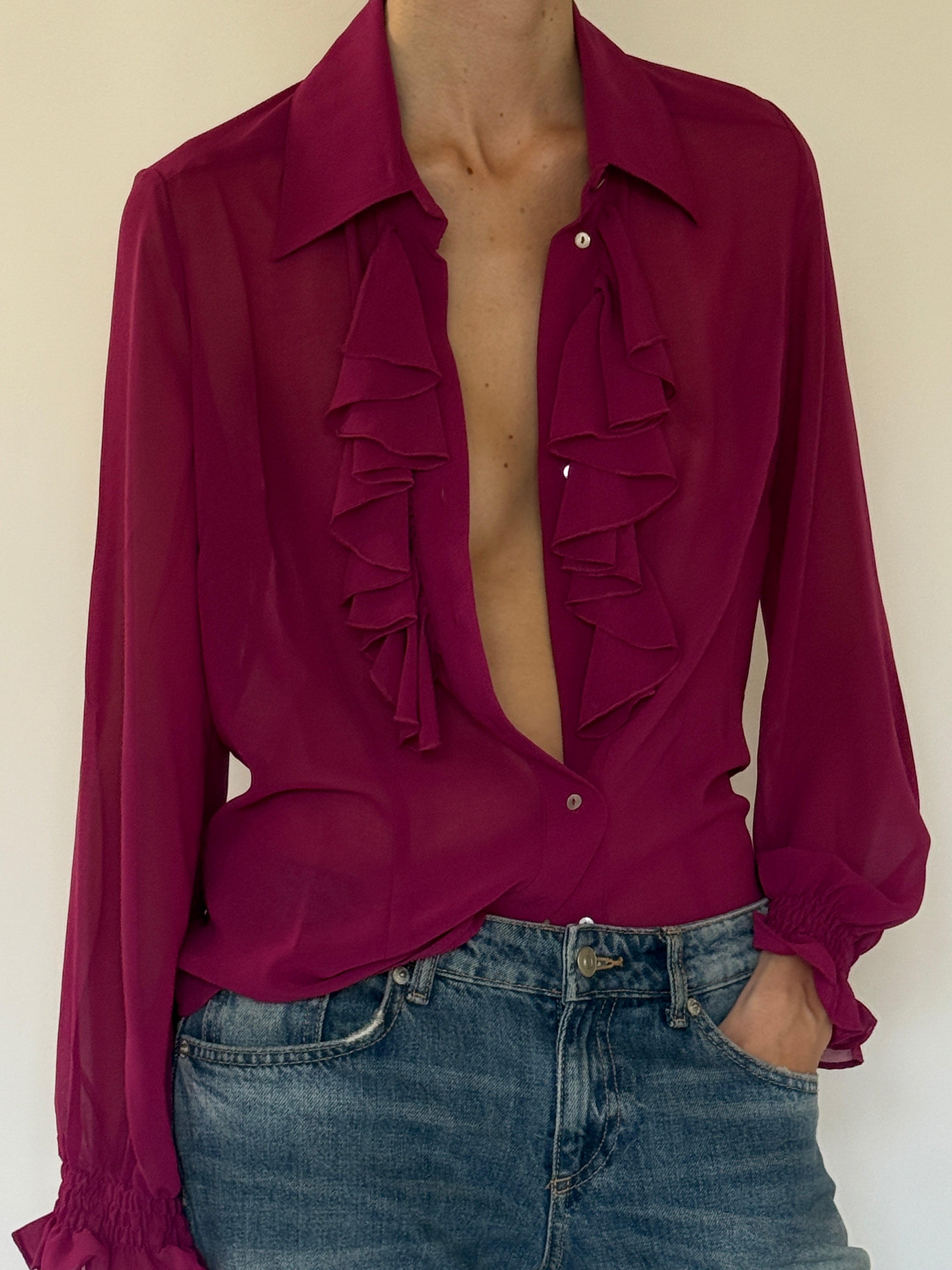Vintage sheer ruffle blouse front view